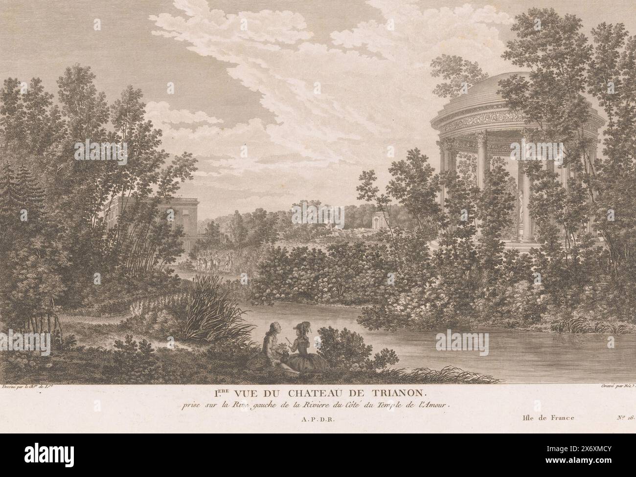 Vista del giardino del Petit Trianon con il Temple de l'Amour, Iere Vue du château de Trianon (titolo sull'oggetto), numerato in basso a destra: N. 16., stampatore: Francois Denis nata, (menzionato sull'oggetto), dopo aver disegnato da: Louis Nicolas de Lespinasse, (menzionato sull'oggetto), Franse Kroon, (menzionato sull'oggetto), Francia, 1749 - 1817, carta, incisione, altezza, 245 mm x larghezza, 368 mm Foto Stock