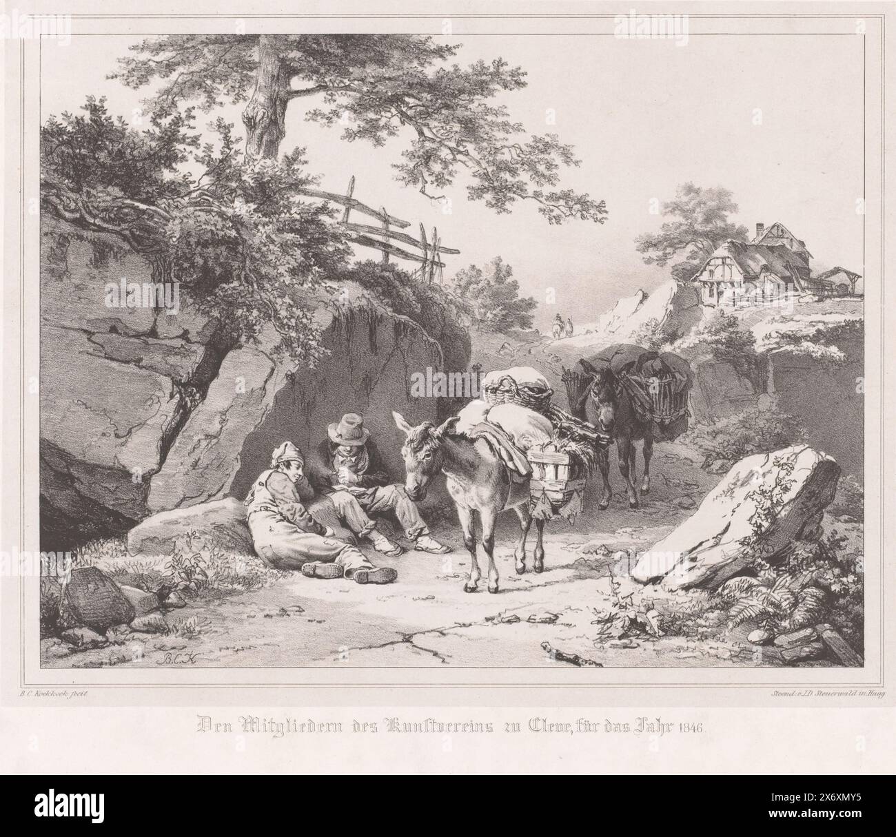 Due uomini riposanti con i loro asini, Den Mitgliedern des Kunstvereins zu Cleve, für das Jahr 1846 (titolo sull'oggetto), gli uomini sono seduti sul lato della strada. Più avanti in una fattoria., stampa, tipografo: Barend Cornelis Koekkoek, tipografo: Jan Dam Steuerwald, tipografo: Cleves, tipografo: L'Aia, 1846, carta, altezza, 410 mm x larghezza, 520 mm Foto Stock