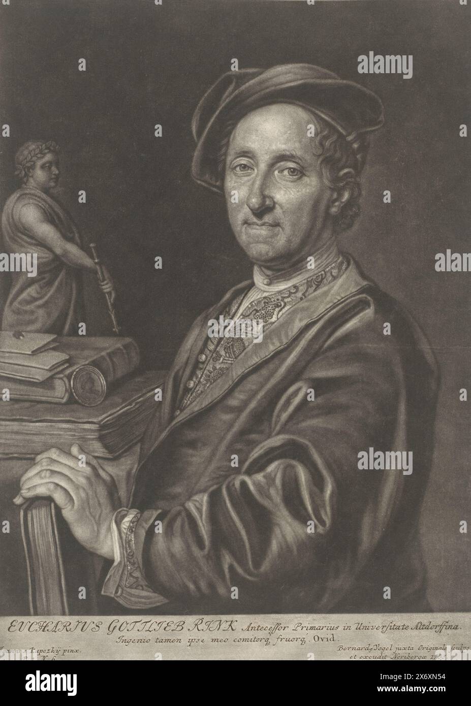 Ritratto di Eucharius Gottlieb Rink, stampa, tipografo: Bernhard Vogel, (menzionato sull'oggetto), dopo la pittura di: Jan Kupecký, (menzionato sull'oggetto), editore: Bernhard Vogel, (menzionato sull'oggetto), Neurenberg, 1735, carta, altezza, 348 mm x larghezza, 252 mm Foto Stock