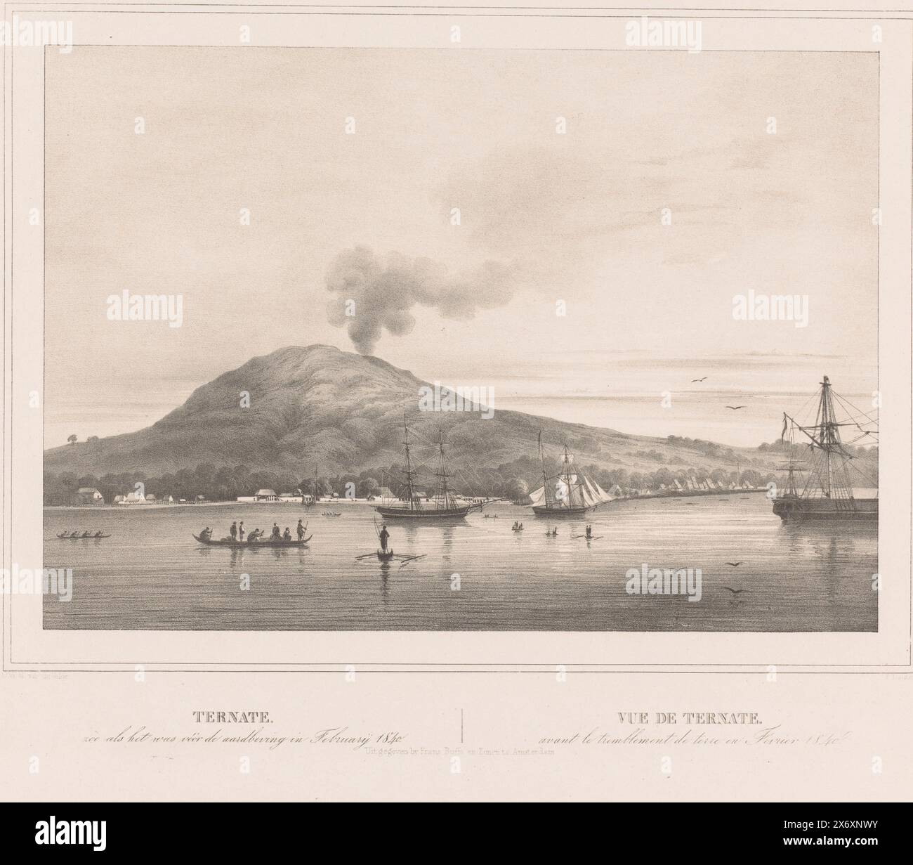 Vista dell'isola di Ternate con il vulcano fumante Gamalama, Ternate. Come prima del terremoto del febbraio 1840 / Vue de Ternate. Avant le tremblement de terre en Fevrier 1840 (titolo sull'oggetto), viste delle Indie orientali olandesi (titolo della serie), viste dalle Indie orientali olandesi (titolo della serie), arcipelago delle Molucche / Iles Moluques (titolo della serie sull'oggetto), numerato in alto a sinistra: PL. XXXIV., stampatore: Paulus Lauters, (menzionato sull'oggetto), su disegno di: Charles William Meredith van de Velde, (menzionato sull'oggetto), editore: Frans buffer en Zonen, (menzionato sull'oggetto), Amsterdam Foto Stock