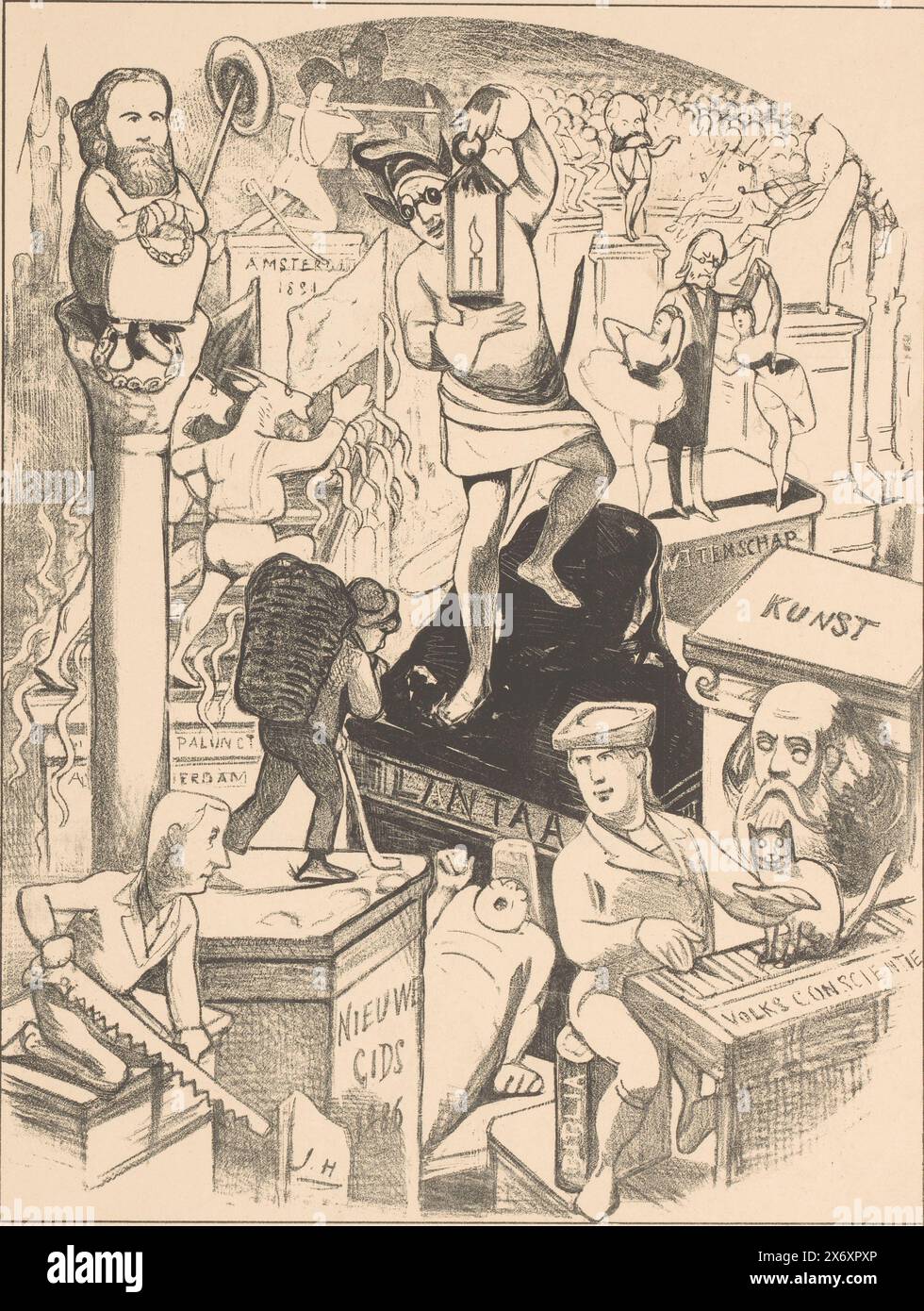 Statue del futuro (titolo sull'oggetto), al centro c'è una figura simile a un diavolo con una lanterna. Piedistalli e statue lo circondano. Alla sua sinistra, Victor de Stuers è incatenato ad un pilastro. A destra la testa di Pierre Cuypers. Questa stampa è stata pubblicata da De Lantaarn., stampa, stampatore: Jan Holswilder, (menzionato sull'oggetto), stampatore: M.H. Blommers, (menzionato sull'oggetto), editore: Adriaan Rössing, (menzionato sull'oggetto), tipografo: Paesi Bassi, tipografo: l'Aia, editore: l'Aia, 1886, carta, altezza, 335 mm x larghezza, 260 mm Foto Stock