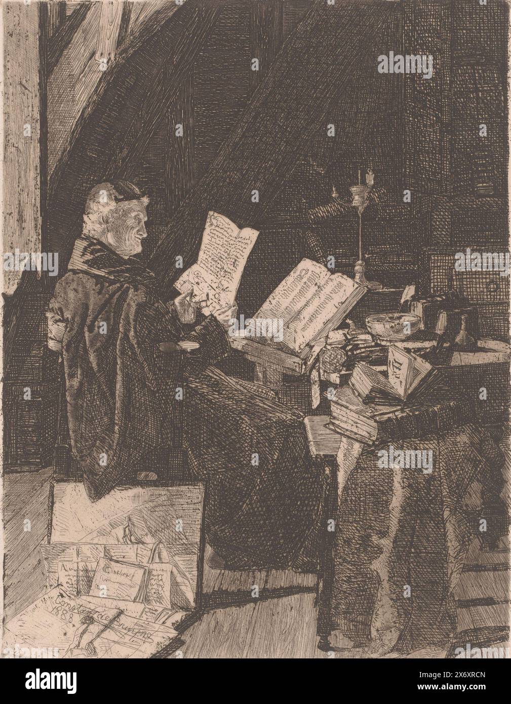 Studi chierici scritti antichi, stampa, tipografo: Constant De Bruyne, (menzionato sull'oggetto), 1888, carta, incisione, punto di essiccazione, altezza, 268 mm x larghezza, 207 mm Foto Stock