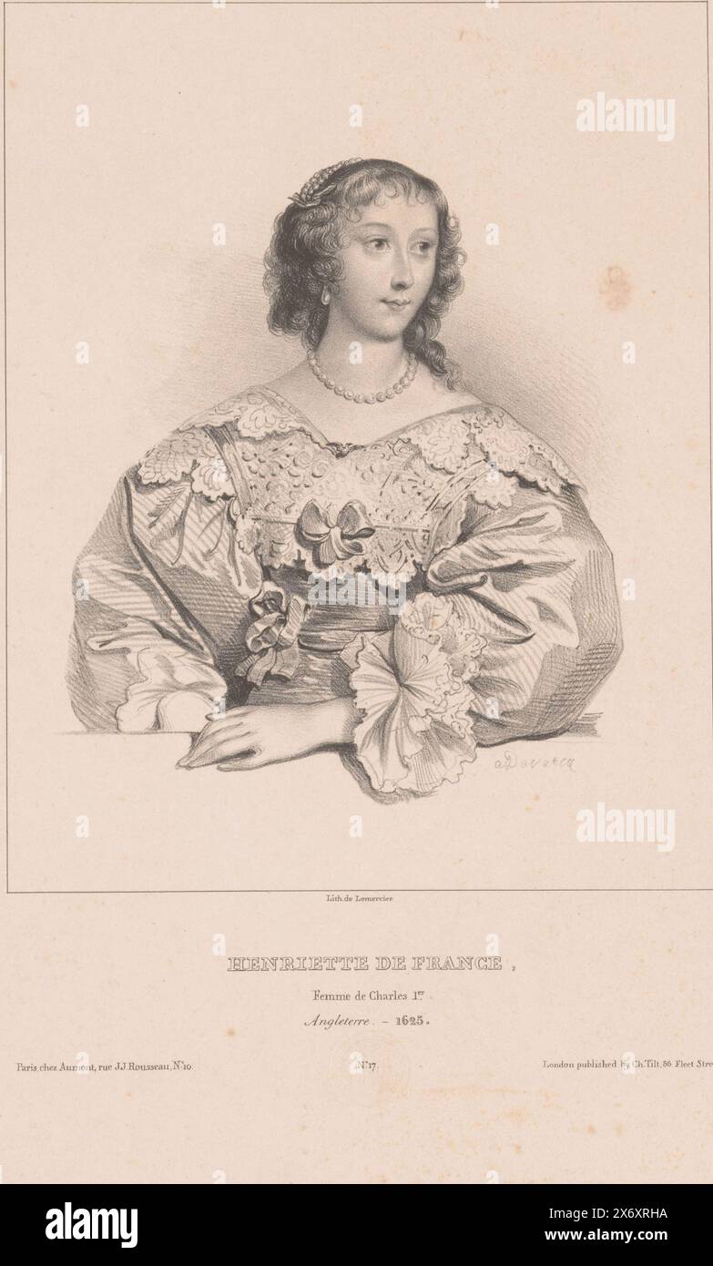 Ritratto di Henrietta Maria di Francia, Henriette de France, femme de Charles 1er (titolo sull'oggetto), modelli di pittori famosi (titolo della serie), stampa, stampatore: Achille Devéria, (menzionato sull'oggetto), stampatore: Joseph Rose Lemercier, (menzionato sull'oggetto), editore: Aumont & Cie, (menzionato sull'oggetto), stampatore: Parigi, stampatore: Parigi, editore: Parigi, editore: Londra, 1832, carta, altezza, 348 mm x larghezza, 263 mm Foto Stock