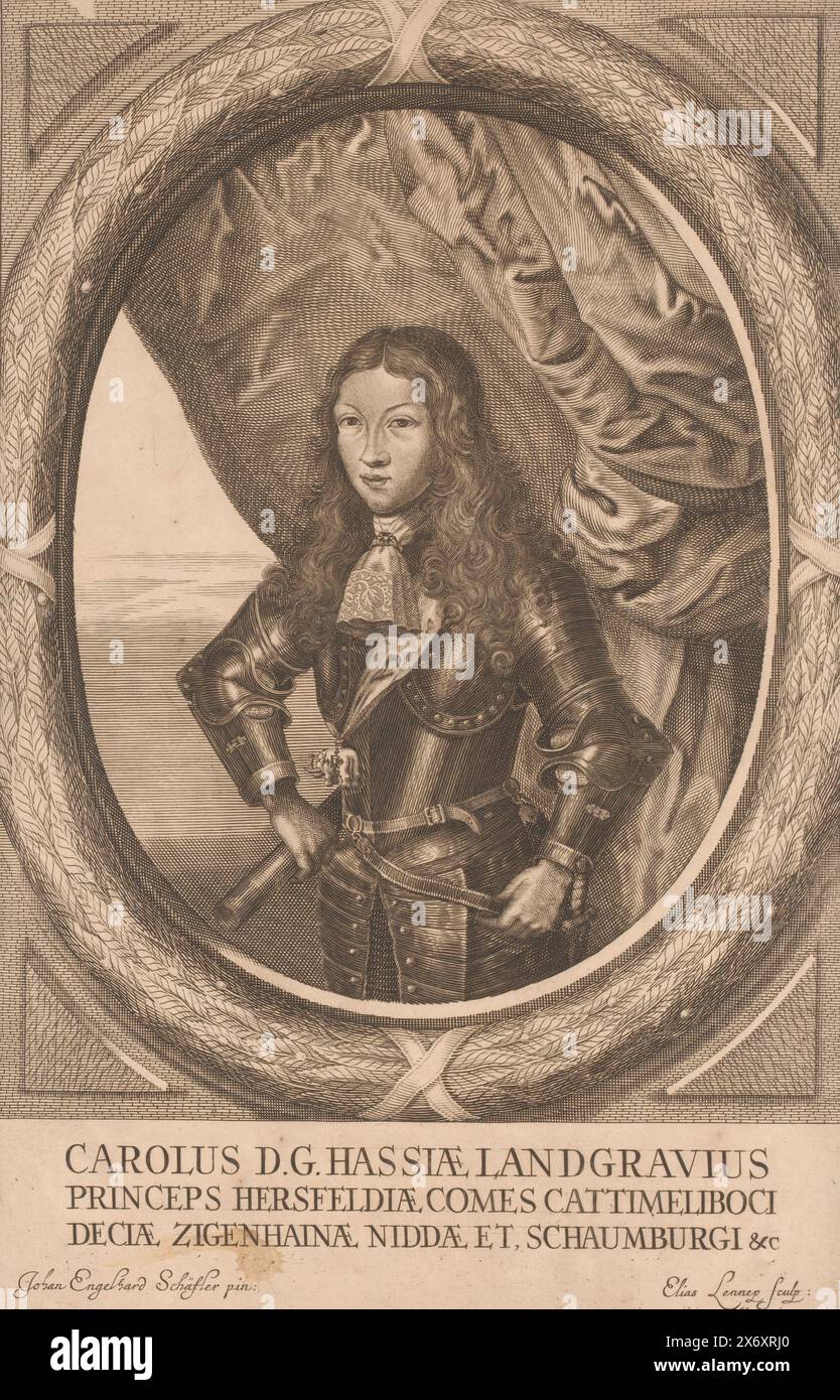 Ritratto di Carlo d'Assia-Kassel, tipografo: Elias van Lennep, (menzionato sull'oggetto), dopo aver dipinto di: Johann Engelhard Schäfler, (menzionato sull'oggetto), c. 1665 - 1694, carta, incisione, altezza, 369 mm x larghezza, 239 mm Foto Stock