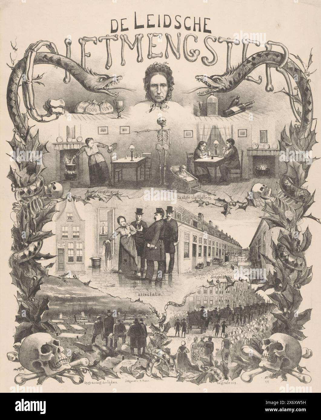 Vita del serial killer Maria Swanenburg, De Leidsche Giftmengster (titolo sull'oggetto), presentazione narrativa della vita dell'avvelenatrice di Leida Maria Swanenburg, nota anche come Goeie mie. In alto il ritratto del serial killer con un serpente su entrambi i lati. Sotto di essa sta mescolando una padella contenente veleno e le sue ultime vittime sono sedute al tavolo. Nel mezzo dell'arresto di Swanenburg. In fondo, scavi di tombe e processione funebre. L'assassino è stato condannato il 1 maggio 1885., stampa, tipografia: Roelof Raar, (menzionato sull'oggetto), editore: Roelof Raar, (menzionato Foto Stock