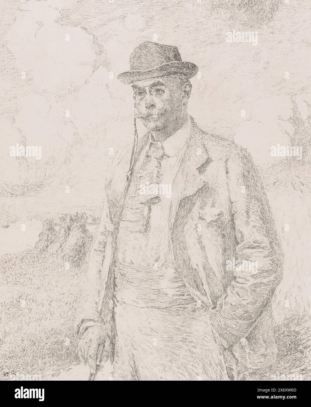 Ritratto di Camille Lemonnier in un paesaggio, stampa, tipografo: Emile Claus, (firmato dall'artista), su disegno personale di: Emile Claus, 1859 - 1924, carta, altezza, 640 mm x larghezza, 487 mm Foto Stock