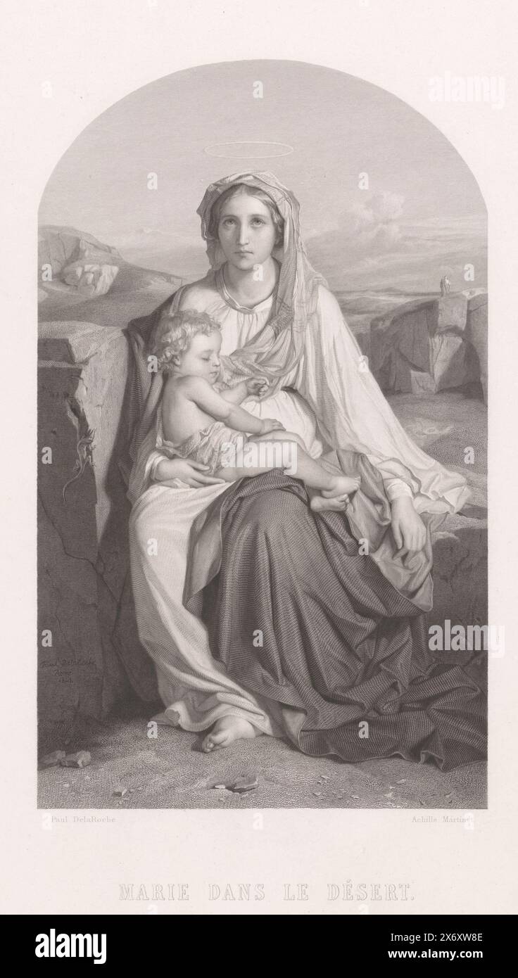 Mary and Child in the Desert, Marie dans le désert (titolo sull'oggetto), print maker: Achille Louis Martinet, (menzionato sull'oggetto), dopo aver dipinto di: Paul Delaroche, (menzionato sull'oggetto), tipografo: Chardon ainé & Aze., (menzionato sull'oggetto), print maker: Roma, tipografo: Parigi, editore: Londra, 1846 - 1869, carta, incisione in acciaio, altezza, 480 mm x larghezza, 301 mm Foto Stock