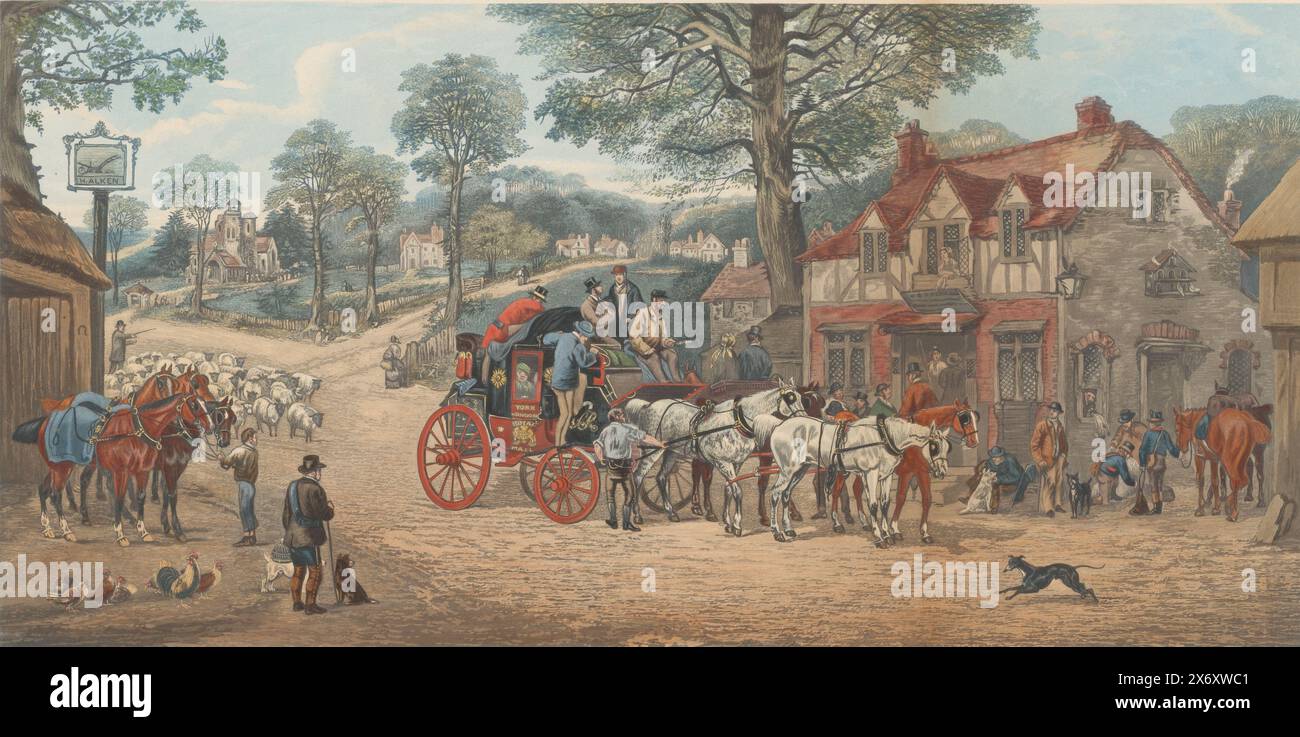 People and Horses in a Village Street, Changing Horses at the Plow (titolo sull'oggetto), print, print maker: C.R. Stock, (menzionato sull'oggetto), dopo il dipinto di: Henry Alken (i), (menzionato sull'oggetto), editore: G.P. McQueen, (menzionato sull'oggetto), print maker: England, dopo la pittura di: Londra, editore: Londra, editore: Londra, 15-maggio-1882, paper, incisione, spazzola, altezza, 402 mm x larghezza, 683 mm Foto Stock