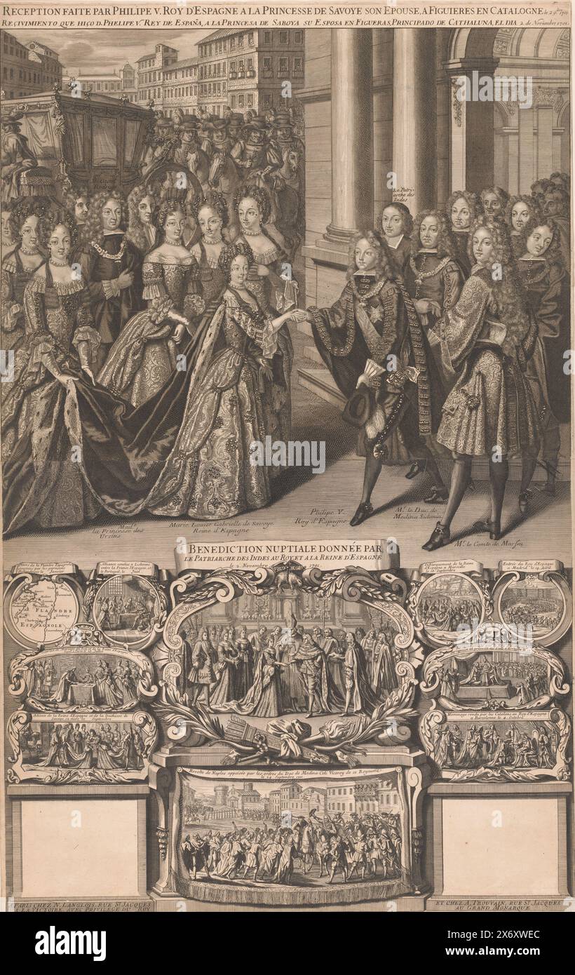 Ricevimento della Principessa di Savoia da parte del marito Filippo V di Spagna, Reception faite par Philipe V. Roy d'Espagne a la Princesse de Savoye son epouse, a Figuieres en Catalogne le 2 9.bre 1701 (titolo sull'oggetto), accoglienza della principessa Maria Luisa di Savoia da parte di suo marito Filippo V al suo arrivo a Figueras in Spagna, il 2 novembre 1701. In fondo diverse scene più piccole e due cartigli vuoti su cui attaccare un calendario o un almanacco., stampa, stampatore: Anonimo, editore: Nicolas Langlois (i), (menzionato sull'oggetto), editore: Antoine Trouvain, (menzionato sull'oggetto), stampatore: Francia Foto Stock