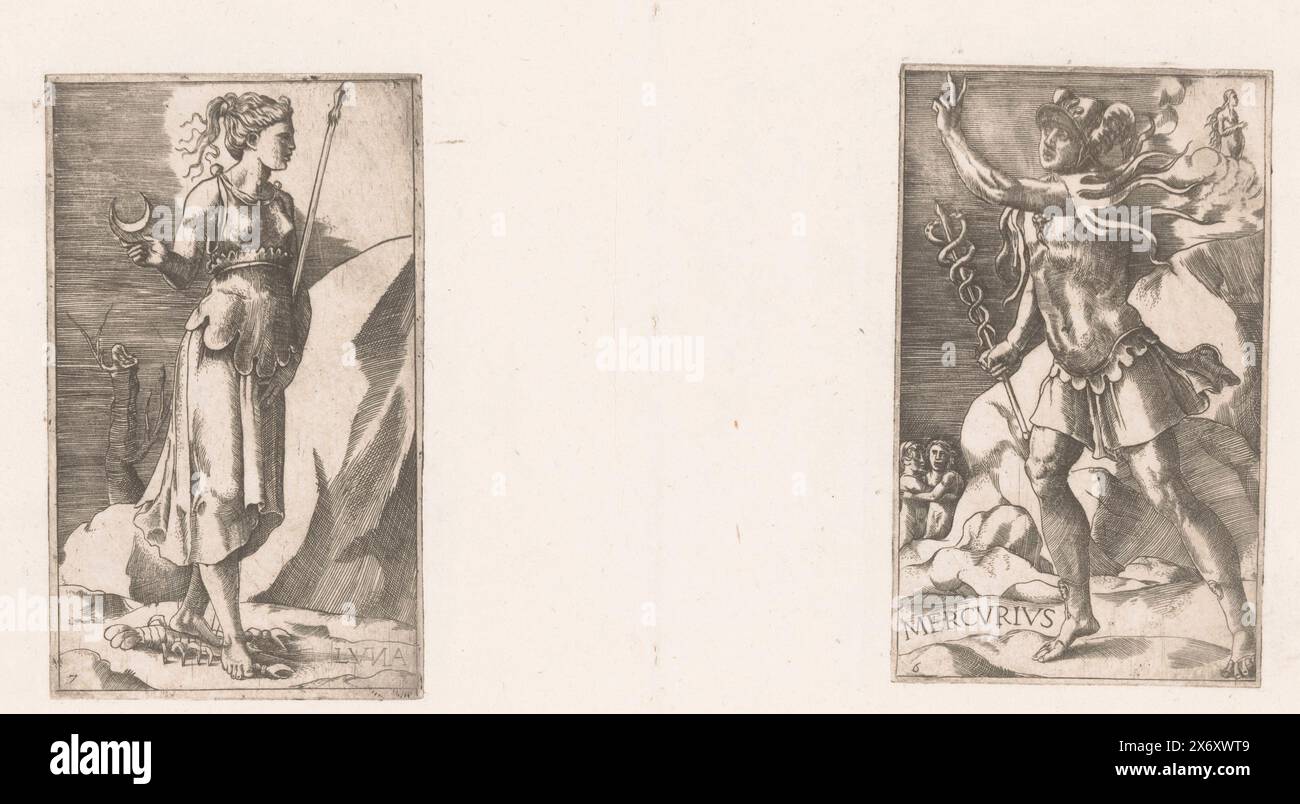 Diana è la dea della luna, in piedi su un'aragosta, Luna (titolo sull'oggetto), pianeti (titolo della serie), stampa, stampatore: Georges Reverdy, stampatore: Giulio Bonasone, 1536 - 1569, carta, incisione, altezza, 153 mm x larghezza, 92 mm Foto Stock