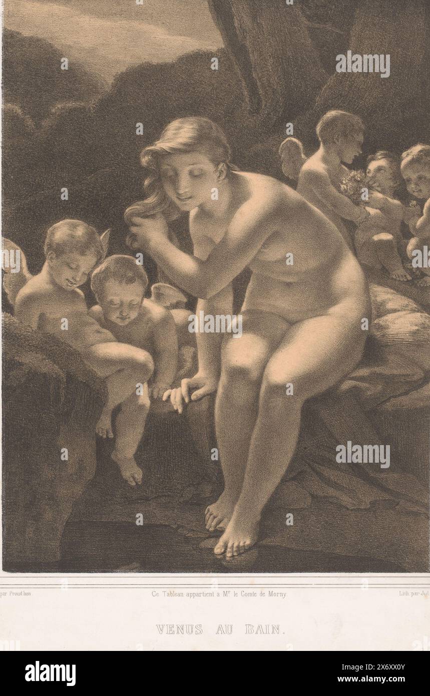 Bagno Venere con putti, Vénus au bain (titolo sull'oggetto), stampa, tipografo: Julien-Léopold Boilly, (menzionato sull'oggetto), dopo aver dipinto di: Pierre Prud'hon, (menzionato sull'oggetto), tipografo: Victor Jacques Bertauts, Parigi, 1852, carta, altezza, 384 mm x larghezza, 283 mm Foto Stock
