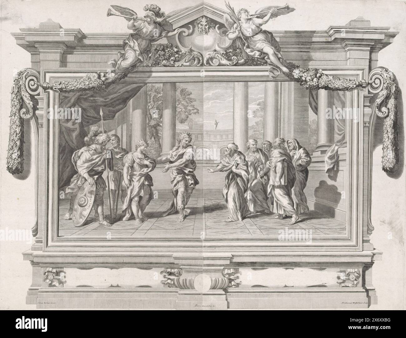 Un re presenta suo figlio, compagnia sotto la galleria di un palazzo. Il re presenta suo figlio a cinque uomini più grandi. Tre soldati guardano. Lo spettacolo è contenuto in una cornice architettonica, coronata da un timpano, fiancheggiata da saggezza e Pace. Due cartigli vuoti in basso., stampa, tipografo: Arnold van Westerhout, (menzionato sull'oggetto), su disegno di: Ciro Ferri, (menzionato sull'oggetto), su disegno di: Pietro Locatelli, (menzionato sull'oggetto), Italia, 1665 - 1725, carta, incisione, incisione, altezza, 690 mm x larghezza, 885 mm Foto Stock