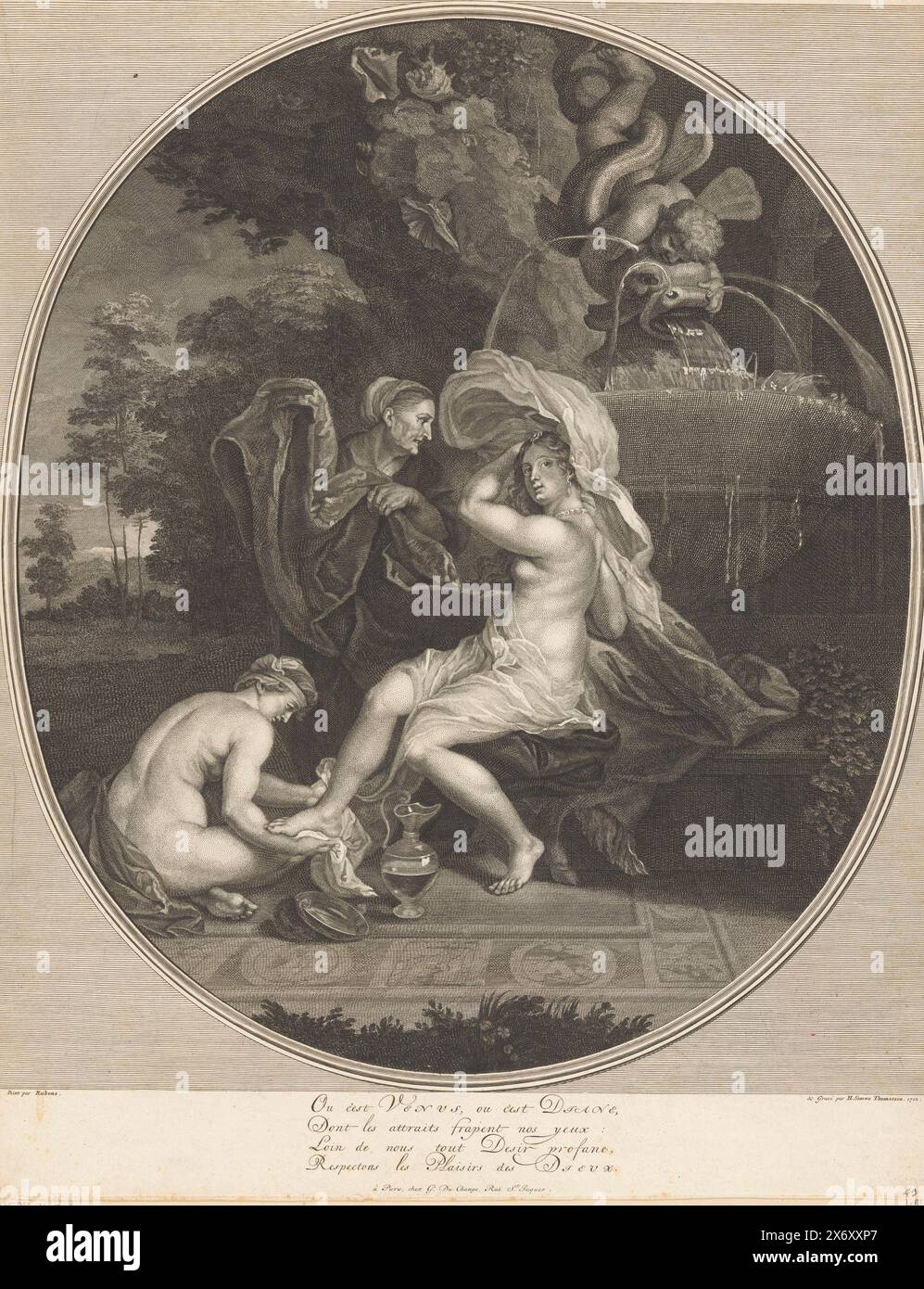 Giovane donna, forse Venere o Diana, che fa il bagno in una fontana con due assistenti, tipografo: Simon Henri Thomassin, (menzionato sull'oggetto), dopo aver dipinto: Peter Paul Rubens, (menzionato sull'oggetto), editore: Gaspard Duchange, (menzionato sull'oggetto), Parigi, 1712, carta, incisione, incisione, altezza, 553 mm x larghezza, 436 mm Foto Stock
