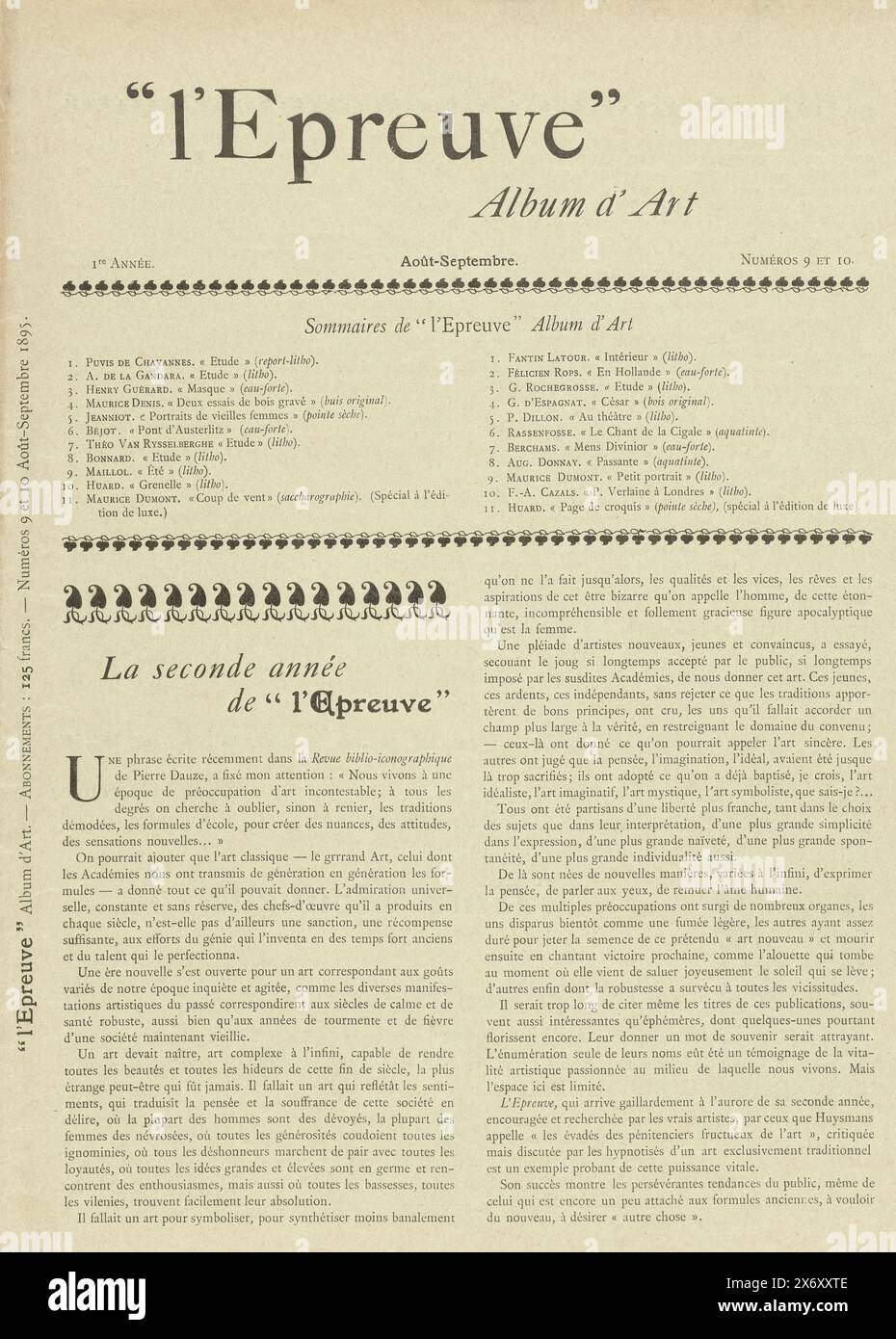Magazine l'Epreuve, la rivista l'Epreuve apparve mensilmente dal dicembre 1894 al dicembre 1895 e si concentrò sull'arte e la letteratura. In questo caso, due edizioni sono state incluse in un unico numero, la nona e la decima edizione di agosto e settembre 1895 rispettivamente. La rivista ha pubblicato un album con dieci stampe originali di artisti famosi per ogni numero. La prima pagina di questo doppio numero contiene due elenchi di dieci nomi di artisti e dei loro contributi, più una stampa extra per l'edizione deluxe. La rivista discute in dettaglio il secondo volume del 1896, che non è mai decollato Foto Stock
