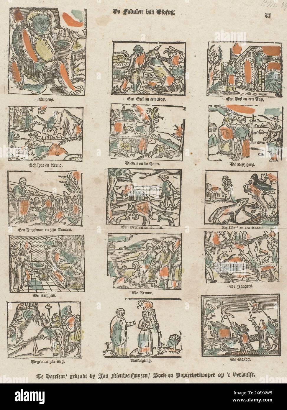 Le favole di Esofus (titolo sull'oggetto), Foglio con 15 scene con un ritratto di Esopo, illustrazioni delle sue favole e alcune scene allegoriche. Un titolo sotto ogni immagine. Numerato in alto a destra: 43., stampa, editore: Jan Nieuwenhuyzen, (menzionato sull'oggetto), stampatore: Anonimo, editore: Haarlem, stampatore: Paesi Bassi, 1743 - 1758, carta, stampa tipografica, altezza, 350 mm x larghezza, 270 mm Foto Stock