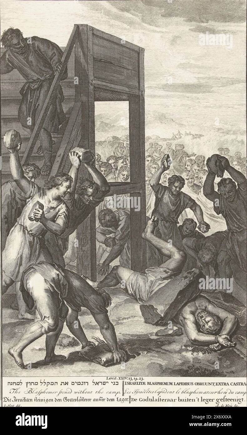 L'uomo che blasfemo il nome di Dio è lapidato, il blasfemo è lapidato fuori dall'esercito (titolo sull'oggetto), Un uomo che blasfemo il nome di Dio con una maledizione è lapidato dagli Israeliti. Sotto la performance c'è il titolo in sei lingue., stampa, stampatore: Abraham de Blois, (menzionato sull'oggetto), dopo il disegno di: Gerard Hoet (i), (menzionato sull'oggetto), editore: Pieter de Hondt, stampatore: Amsterdam, editore: The Hague, 1720 - 1728, paper, incisione, altezza, 358 mm x larghezza, 218 mm Foto Stock