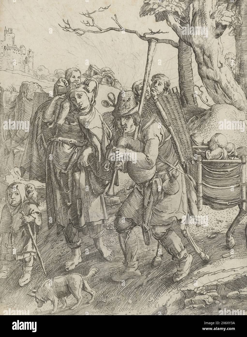 Uilenspiegel: La famiglia mendicante, Uilenspiegel: La famiglia mendicante. Uomo che gioca le cornamuse con due bambini nel cesto sulla schiena, accanto a lui una donna con un bambino sulla spalla. Portano con sé un asino carico di bambini. Un ragazzo cammina davanti con un gufo sulla spalla., stampa, stampatore: Anonimo, dopo stampa di: Lucas van Leyden, 1520 - 1570, carta, incisione, altezza, 173 mm x larghezza, 137 mm Foto Stock
