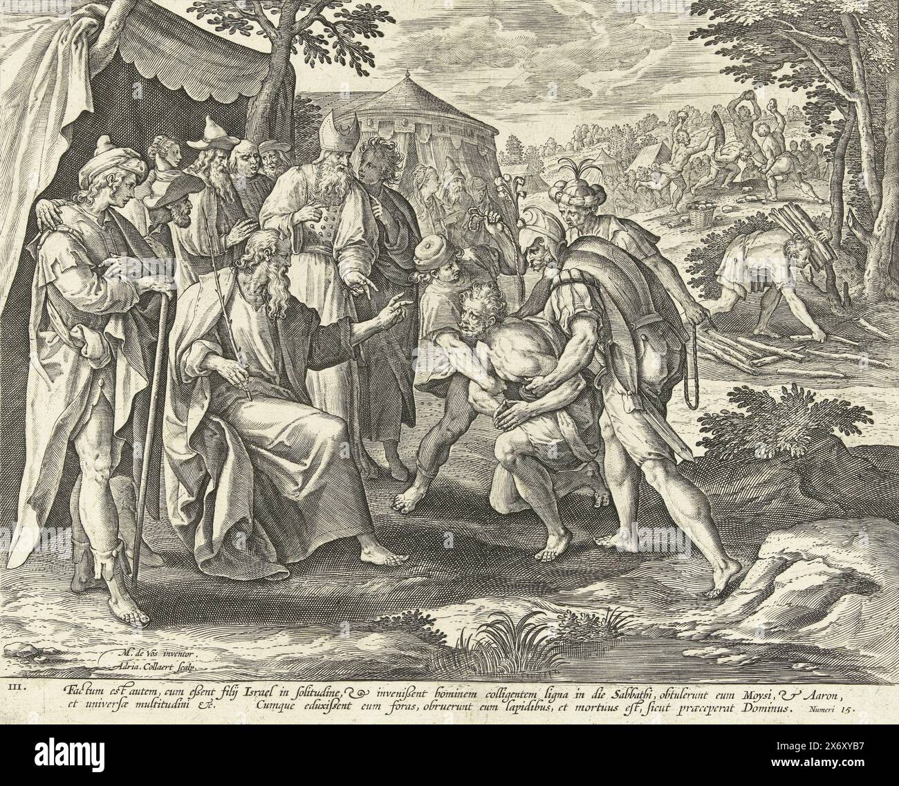 Punishment of the Sabbath breaker: The Third Commandment, Ten Commandments (titolo della serie), Decalogvs cvm acerbissimis (titolo della serie su oggetto), Un uomo che era andato a raccogliere legna per un incendio nello Shabbat è portato davanti a Mosè (numeri 15: 32-36). Questa è una violazione del terzo comandamento: "Ricorda il sabato". L'uomo è condannato a morte per lapidazione. La stampa ha una didascalia latina. La serie di stampe raffigura i dieci Comandamenti attraverso scene dell'Antico Testamento., stampa, stampatore: Adriaen Collaert, (menzionato sull'oggetto), su disegno di: Maerten de Vos, (menzionato sull'oggetto) Foto Stock