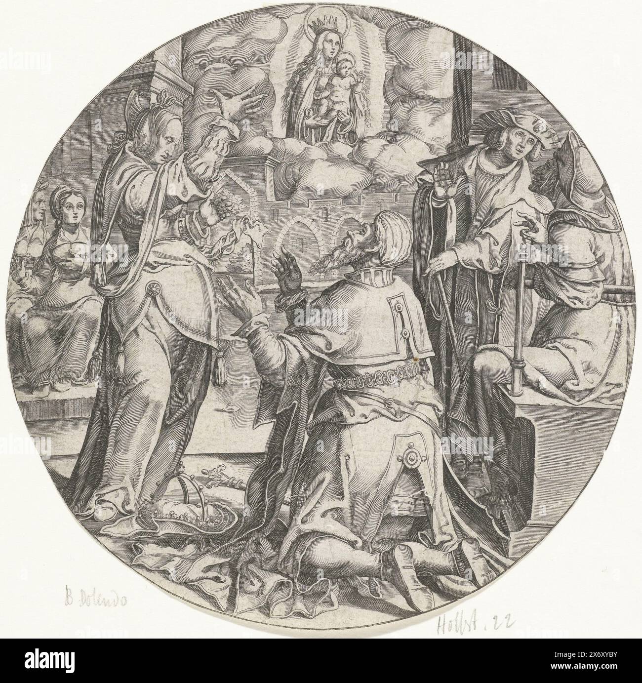 Maria con il bambino appare all'imperatore Augusto, la Sibilla Tiburtina predice la venuta di Cristo all'imperatore Augusto. L'imperatore romano Augusto vede Maria con il bambino in una visione. Per rispetto si inginocchia a terra e posa la sua corona e lo scettro., stampatore: Bartholomeus Willemsz. Dolendo, su disegno di: Lucas van Leyden, (possibilmente), Leiden, 1589 - 1626, carta, incisione, diametro, 156 mm Foto Stock