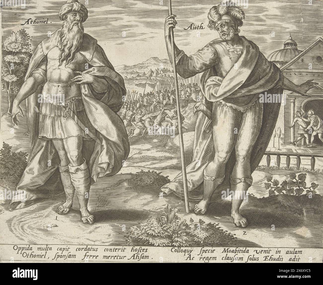 Othniel ed Ehud, i dodici giudici di Israele (titolo della serie), in primo piano i primi due giudici di Israele: Othniel ed Ehud. Sullo sfondo due storie del loro tempo. Al centro gli eserciti belligeranti di Israele e Mezopotamia. Nel giusto contesto, re Eglon dei Moabiti viene assassinato da Ehud. La stampa ha una didascalia latina., stampa, stampatore: Hans Collaert (i), su disegno di: Jan Snellinck (i), editore: Gerard de Jode, Anversa, 1585, carta, incisione, altezza, 209 mm x larghezza, 256 mm Foto Stock Othniel ed Ehud, i dodici giudici di Israele (titolo della serie), in primo piano i primi due giudici di Israele: Othniel ed Ehud. Sullo sfondo due storie del loro tempo. Al centro gli eserciti belligeranti di Israele e Mezopotamia. Nel giusto contesto, re Eglon dei Moabiti viene assassinato da Ehud. La stampa ha una didascalia latina., stampa, stampatore: Hans Collaert (i), su disegno di: Jan Snellinck (i), editore: Gerard de Jode, Anversa, 1585, carta, incisione, altezza, 209 mm x larghezza, 256 mm Foto Stock
