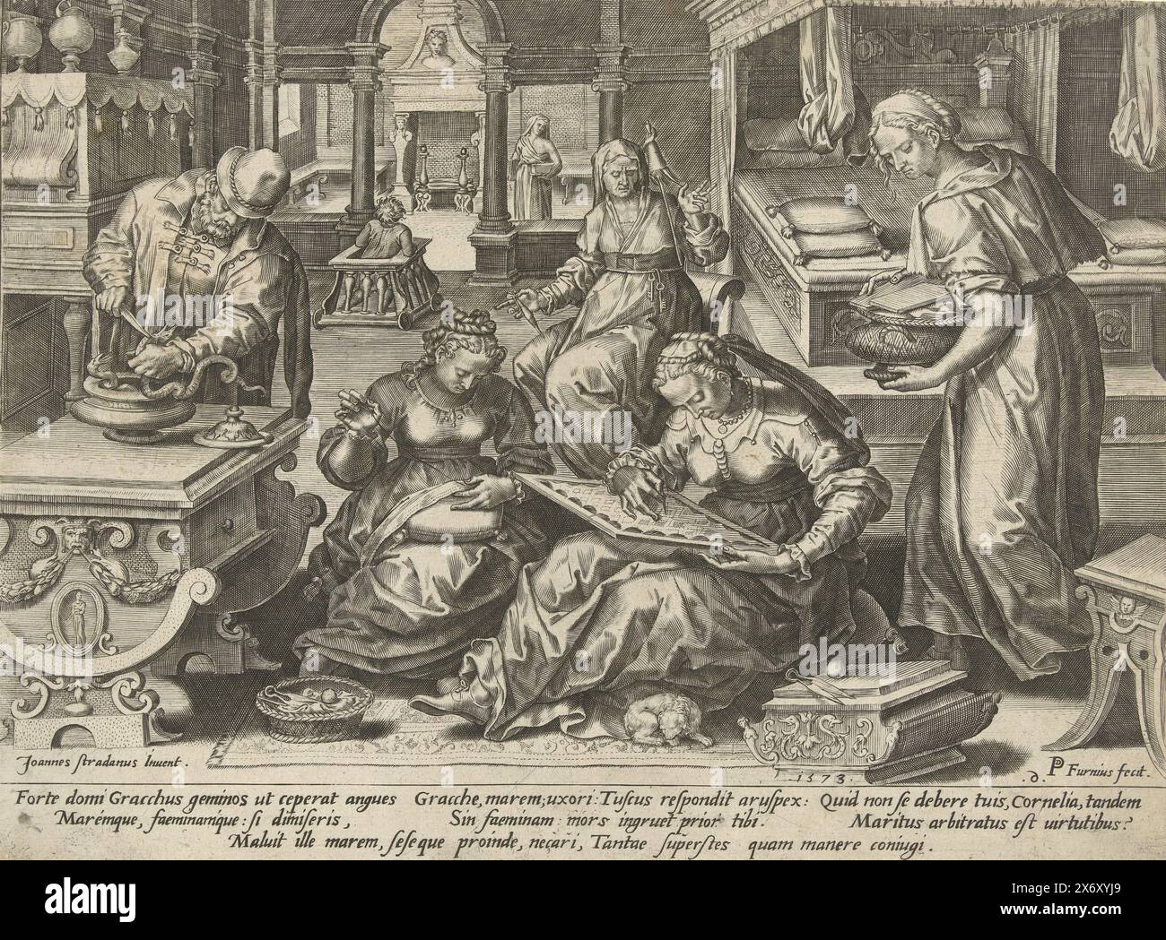 Cornelia e Gracco, raffigurazioni della storia romana (titolo della serie), Cornelia e suo marito Tiberio Sempronio Gracco sono mostrati all'interno. Gracchus uccide due serpenti sulla sinistra, e Cornelia siede a fare il lavoro con l'ago tra tre donne sulla destra. Nel margine sotto la scena c'è un testo in latino, numerato speculare in basso a destra: 6. La stampa fa parte di una serie di stampe che raffigurano eventi della storia romana., stampa, stampatore: Pieter Jalhea Furnius, su disegno di: Jan van der Straet, (menzionato sull'oggetto), 1573, carta, incisione, altezza, 223 mm x larghezza, 297 mm Foto Stock
