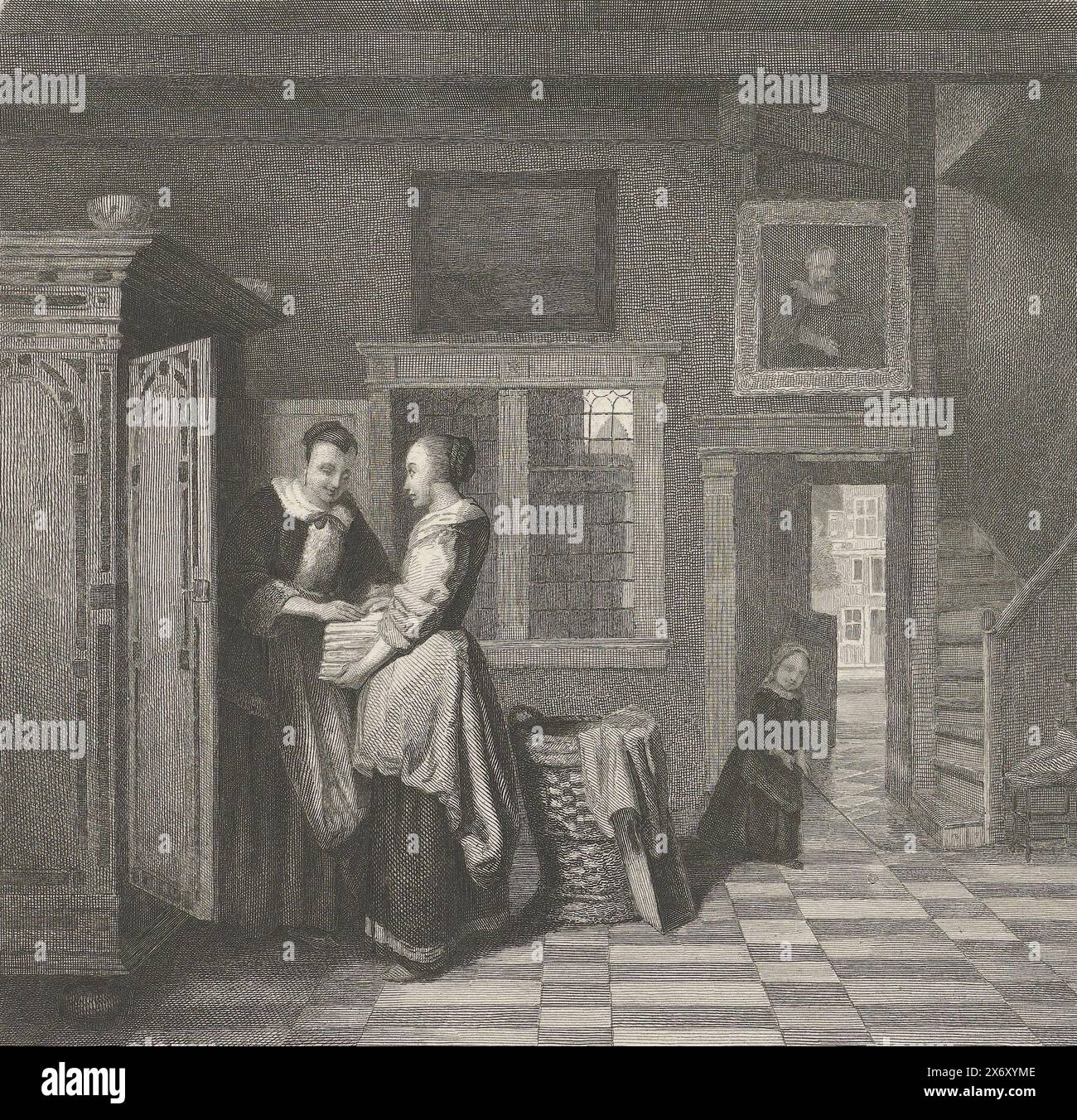 L'armadietto di lino, maestri olandesi (titolo della serie), interno con due donne davanti a un armadietto di lino aperto. All'ingresso un bambino gioca con un bastone e una palla. La stampa fa parte di una serie di 25 stampe ispirate ai maestri olandesi. Sopra l'immagine: PL IX, stampa, stampatore: Johann Wilhelm Kaiser (i), (menzionato sull'oggetto), dopo aver dipinto di: P. de Hooge, (menzionato sull'oggetto), 1823 - 1900, carta, incisione, altezza, 170 mm x larghezza, 217 mm Foto Stock