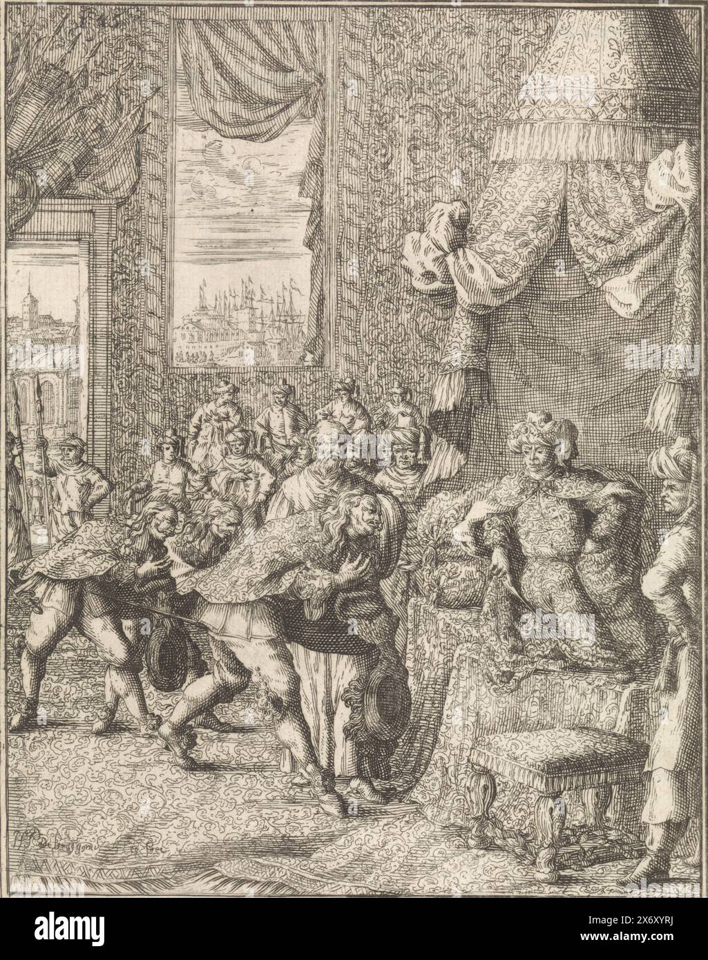 Vasco da Gama ha un'udienza con il re di Calcutta, Vasco da Gama e il suo entourage si inchina al re di Calcutta. Il re giace su un trono sotto un baldacchino. Sullo sfondo una vista di Calcutta., stampa, tipografo: Herman Padtbrugge, (menzionato sull'oggetto), su disegno personale di: Herman Padtbrugge, (menzionato sull'oggetto), editore: Jan Claesz Ten Hoorn, Amsterdam, 1676, carta, incisione, incisione, altezza, 193 mm x larghezza, 143 mm Foto Stock