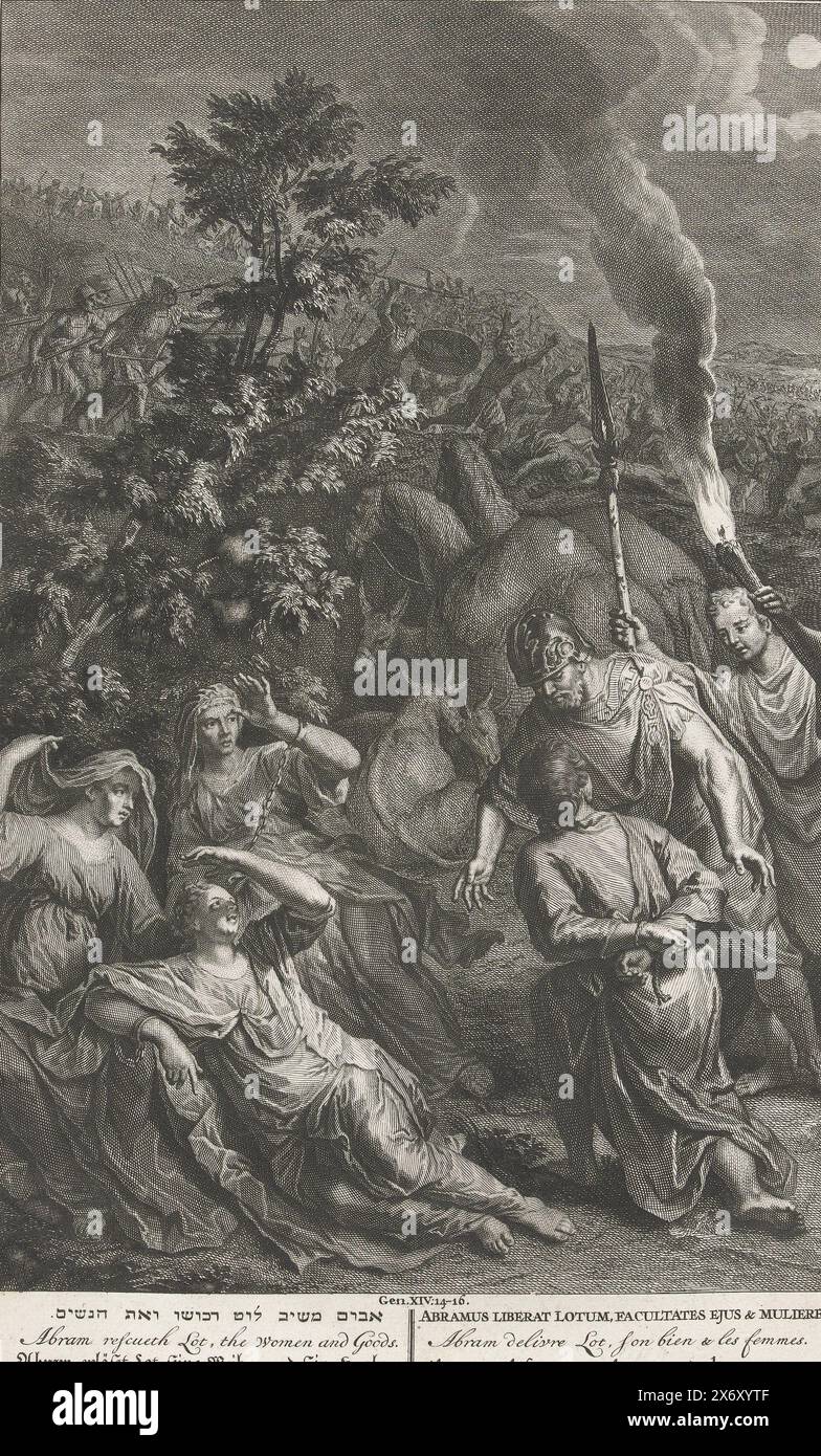 Abramo libera Lot e le sue mogli, Lot e la sua famiglia, catturati dai nemici del re di Sodoma, sono liberati da suo zio Abramo (Gen. 14, 14-16). Sullo sfondo c'è l'esercito di Abramo. La stampa ha una didascalia in ebraico, latino, francese, inglese, tedesco e olandese., stampa, stampatore: Gilliam van der Gouwen, (menzionato sull'oggetto), dopo il disegno di: Gerard Hoet (i), (menzionato sull'oggetto), editore: Pieter de Hondt, stampatore: Amsterdam, editore: The Hague, 1728, carta, incisione, incisione, larghezza, 224 mm x altezza, 360 mm Foto Stock