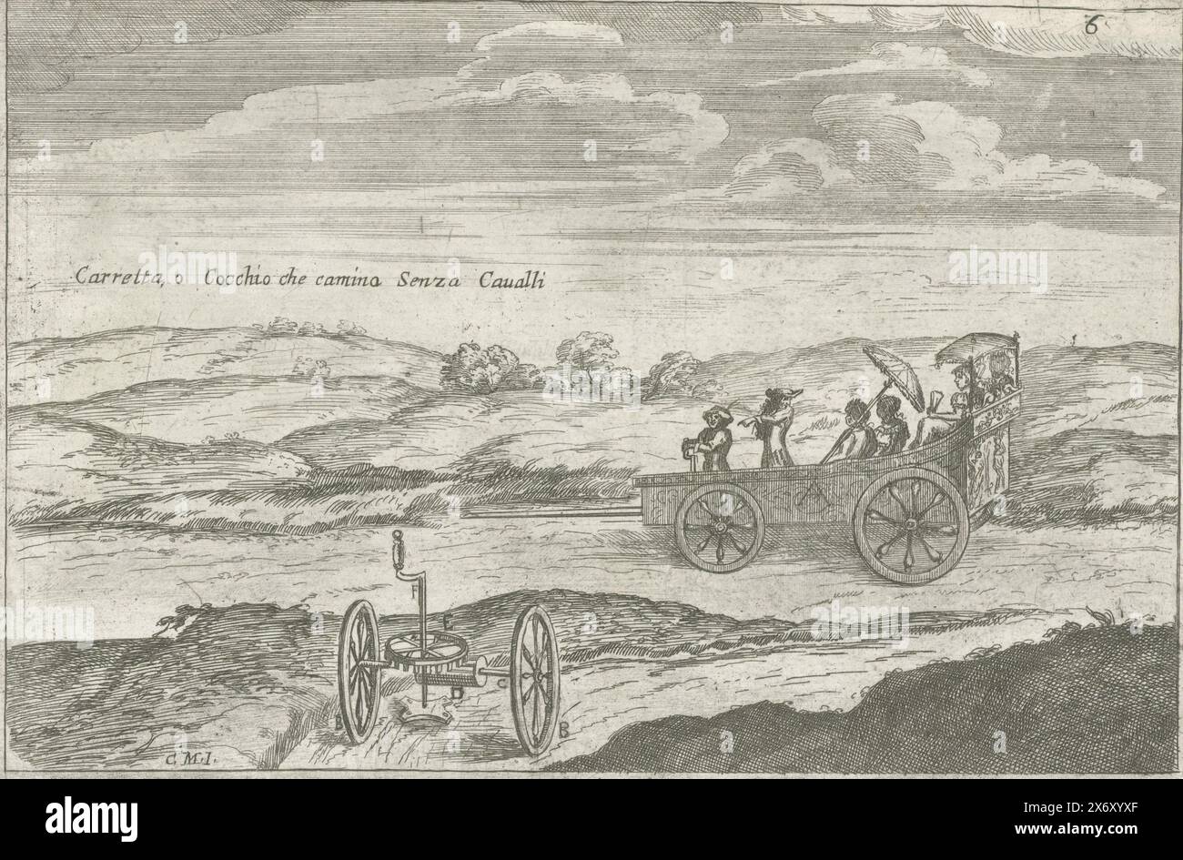 Carrozza senza cavalli, Carretta, o Cocchio che camino senza cavalli (titolo sull'oggetto), Racolta di varii segreti come si vede nelle segventi figure (titolo della serie), carrozza o carretto in grado di guidare senza l'uso di cavalli. Ci sono cinque passeggeri nella carrozza. Il sesto aziona il carro con manodopera ruotando una leva. Nella parte inferiore del paesaggio è presente il meccanismo che aziona le ruote Foto Stock