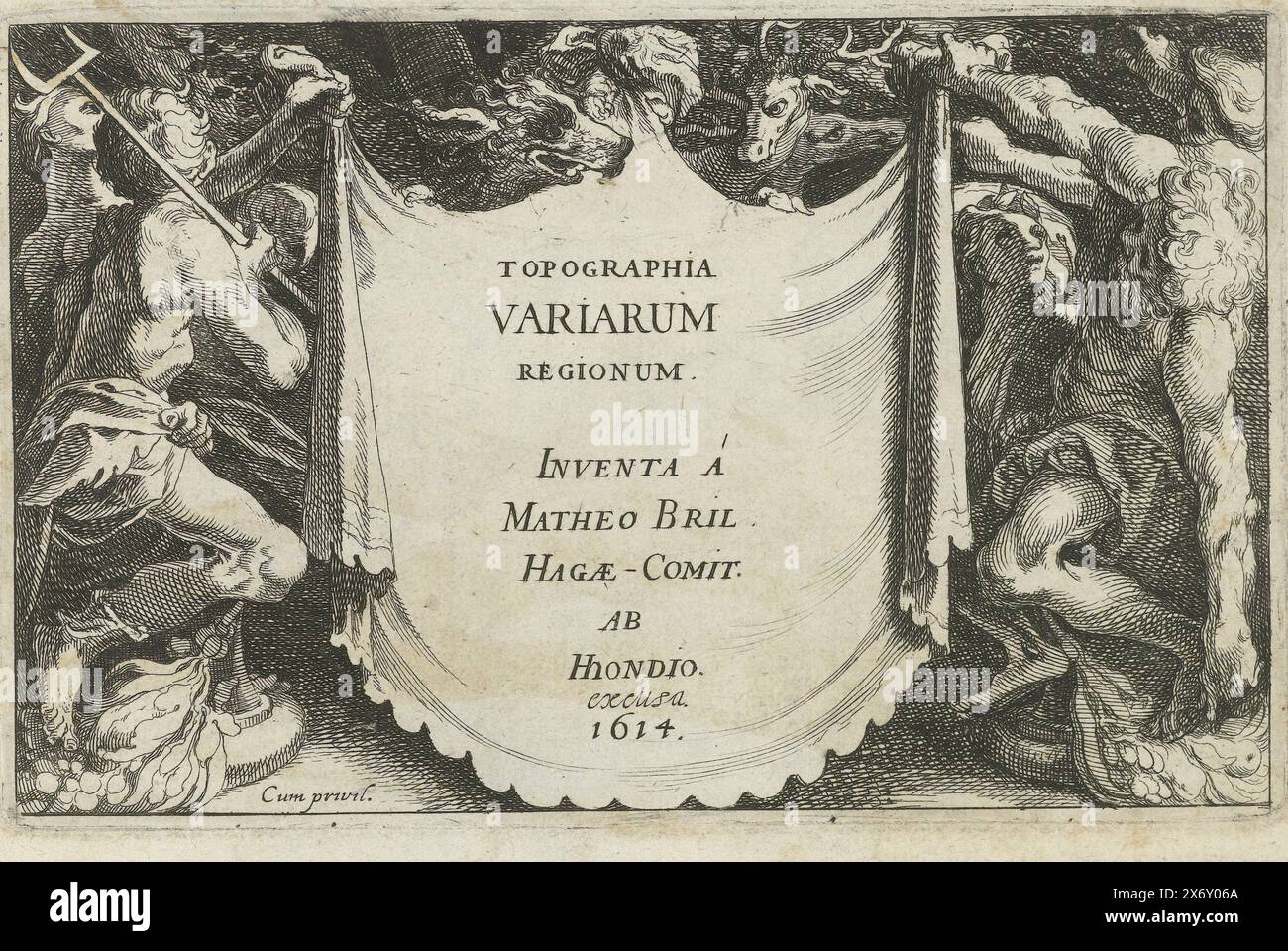 Topographia Variarum Regionum: Frontespizio, Topographia Variarum Regionum (titolo della collana), frontespizio con titolo su pergamena, tenuto da due uomini, stampa, tipografo: Simon Frisius, dopo disegno di: Matthijs Bril, (menzionato sull'oggetto), editore: Hendrick Hondius, (menzionato sull'oggetto), 1614, carta, incisione, altezza, 106 mm x larghezza, 158 mm Foto Stock