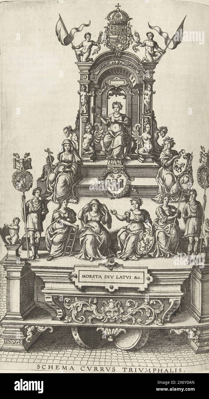 Teatro con la città vergine di Anversa circondata da virtù, 1594, Schema Currus triumphalis (titolo sull'oggetto), Teatro a forma di carro trionfale con la città vergine di Anversa circondata da virtù. Fondata sul Mechelse Plein. Parte della descrizione dell’entrata dell’arciduca Ernesto ad Anversa, 18 luglio 1594, di Joannes Bochius, Descriptio publicae compliationis, spectaculorum et ludorum, in adventu Sereniss. Principis Ernesti Archiducis Austriae, Ex officina Plantiniana, Anversa 1595., tipografo: Pieter van der Borcht (i), editore: Officina Plantiniana, tipografo Foto Stock