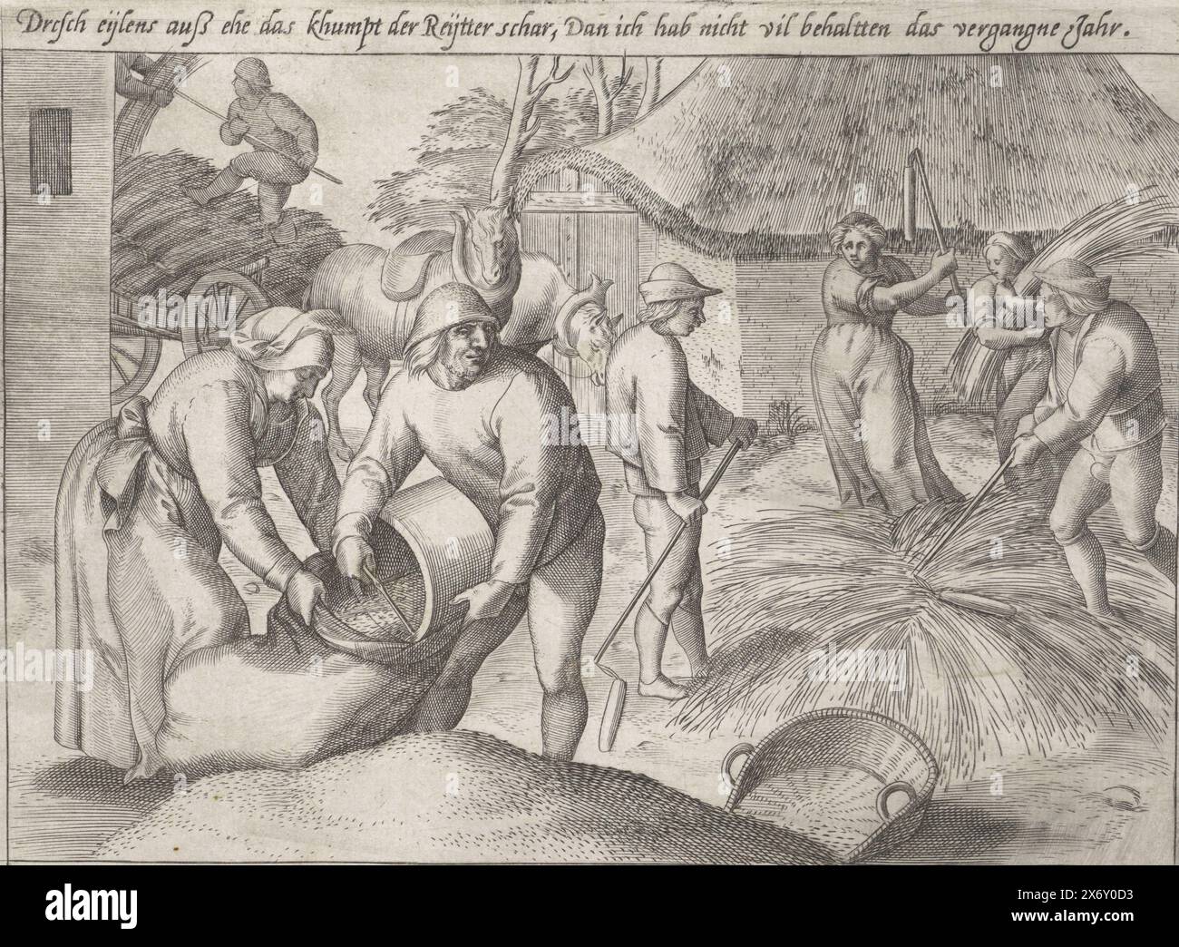 Trebbiatura del grano, coltivazione del grano (titolo della serie), uomini e donne separano i semi dalla paglia nel cortile della fattoria. Si impacchettano i semi. La stampa fornisce una spiegazione delle prestazioni in tedesco, olandese e francese., print, print maker: Antonie Wierix (II), (possibilmente), print maker: Johannes Wierix, (possibilmente), dopo il design di: Marten van Cleve (i), Anversa, 1565 - prima del 1604, carta, incisione, altezza, 145 mm x larghezza, 185 mm Foto Stock