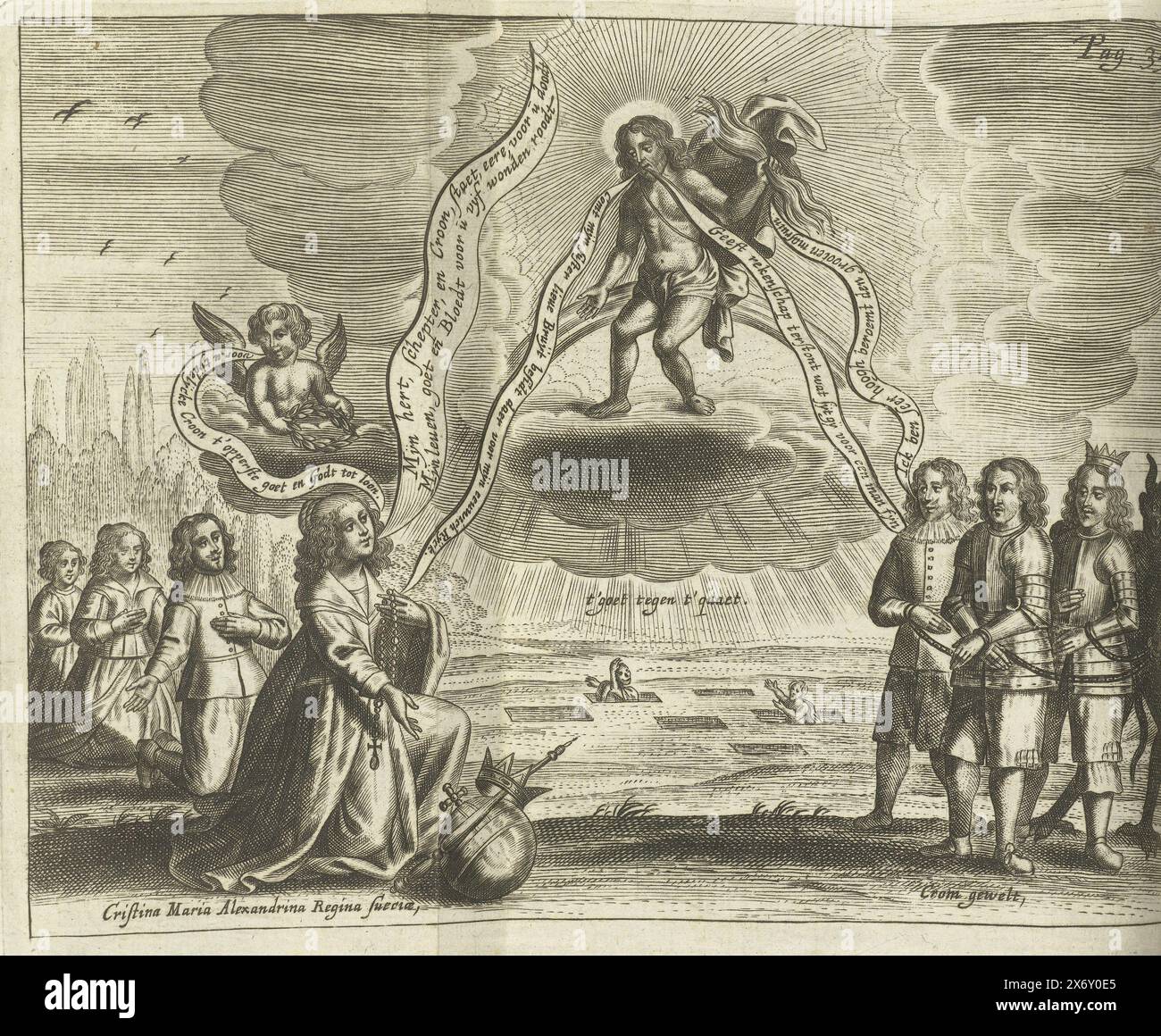 Cartone animato di Cromwell e Mazzarino, 1656, cartone di Oliver Cromwell e Cardinale Mazzarino, 1656. Giusto Cromwell e Mazzarino incatenati dal Diavolo. A sinistra, la regina Cristina di Svezia si inginocchia e dà simboli di potere terreno a Cristo. Cristo si rivolge ai principi su una nuvola. Iscrizioni in olandese nello spettacolo. Contrassegnato in alto a destra: Pagina. 35., stampa, stampatore: Anonimo, editore: Jan van Souffenborgh, (menzionato sull'oggetto), stampatore: Paesi bassi, editore: Colonia, 1656, carta, incisione, altezza, 158 mm x larghezza c. 203 mm Foto Stock