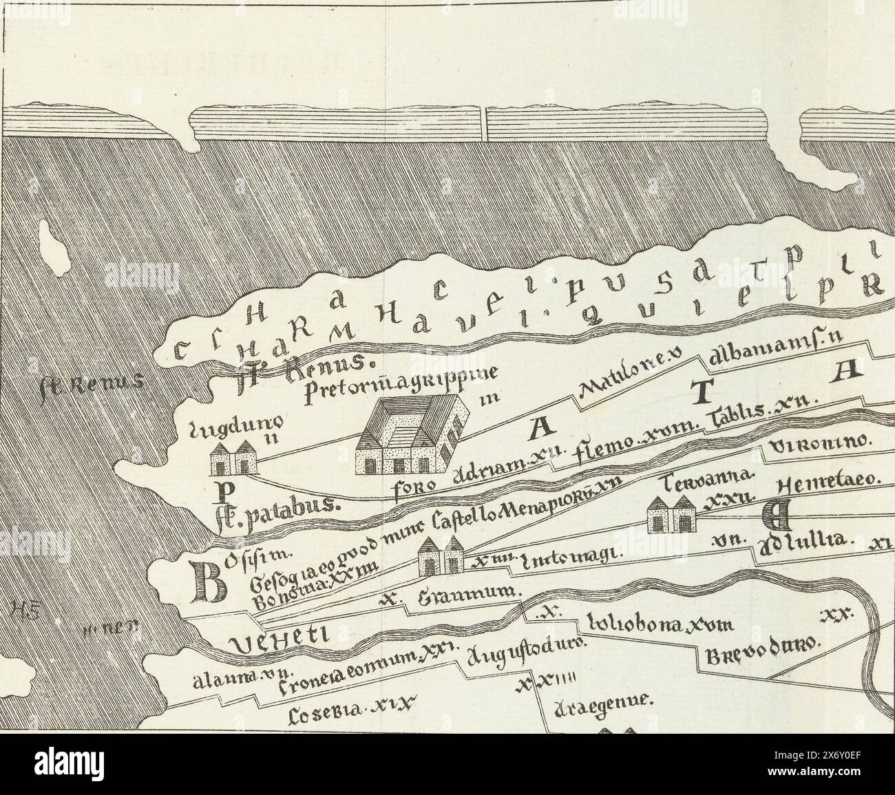 Vecchia mappa che mostra i punti di drenaggio del Reno nel mare, Recherches sur l'ancien Forum Hadriani et ses vestiges, près de la Haye à (titolo della serie), parte della mappa di Peutinger, che mostra i punti di drenaggio del Reno nel mare . Iscrizioni sulla mappa in latino, la mappa mostra il Praetorium Agrippinae vicino all'attuale Voorburg., stampa, stampatore: Anonimo, 1824 - 1826, carta, altezza, 143 mm x larghezza, 235 mm Foto Stock