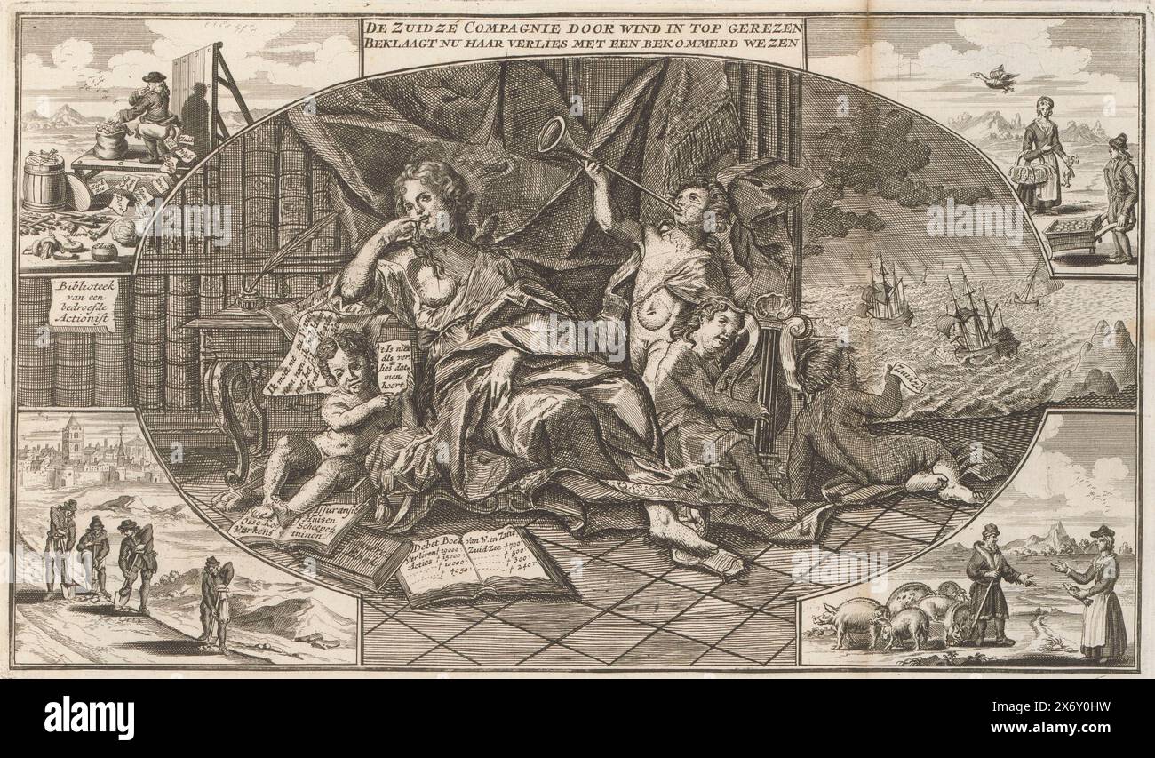 Denuncia della società Zuidzee, 1720, la società Zuidzé è stata sollevata a causa del vento, e ora lamenta la perdita per un essere preoccupato (titolo in oggetto), Het Groote Tafereel der Foolishness (titolo della serie), denuncia della società Zuidzee, 1720 la personificazione femminile della South Sea Company con i suoi figli che giacciono tra libri con debiti su un divano. In uno sfondo con libri etichettati: Library of a Sad Actionist. Con piccole scene di altre imprese fallite, in alto a sinistra, le azioni sono oscurate da un uomo. Sotto la scena c'è una didascalia con un verso stampato in tre colonne da una piastra separata Foto Stock
