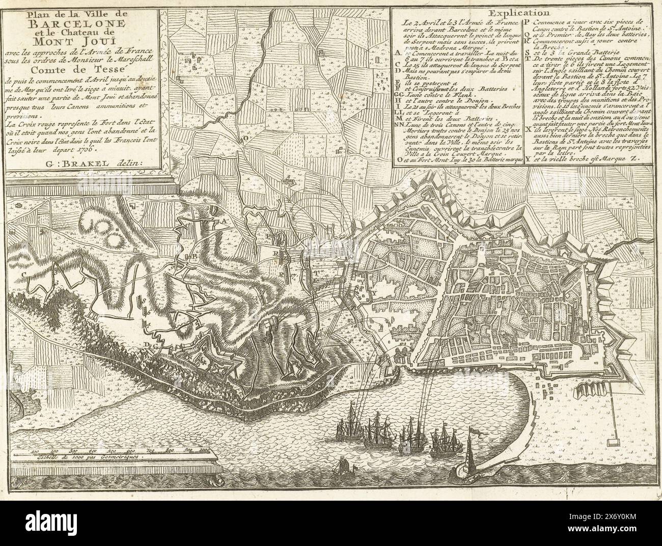 Assedio di Barcellona, u200bu200b1706, Plan de la Ville de Barcelona et le Chateau de Mont Jouai (...) (titolo oggetto), Mappa di Barcellona assediata dall'esercito francese e sollevata dagli Alleati, 12 maggio 1706. Illustrazione nella traduzione olandese del 1716 di J. Lamigue, Het leven van Zyne Hoogheit Johan Willem Friso, vol. I, p. 216/217., stampa, tipografo: Matthijs Pool, (possibilmente), dopo disegno di: Gillius Brakel, (menzionato sull'oggetto), editore: Johannes van Oosterwyk, tipografo: Paesi Bassi settentrionali, editore: Amsterdam, 1714 - 1716, carta, incisione, altezza, 150 mm x larghezza, 198 mm Foto Stock