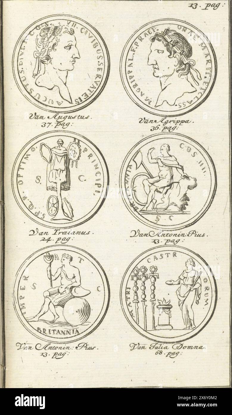 Roman Coins, Foglio con sei immagini di monete romane relative alla storia della Gran Bretagna, 1689., stampa, stampatore: Anonimo, editore: Carel Allard, Staten van Holland en West-Friesland, tipografo: Paesi Bassi settentrionali, editore: Amsterdam, 1689, carta, incisione, incisione, altezza, 157 mm x larghezza, 92 mm Foto Stock
