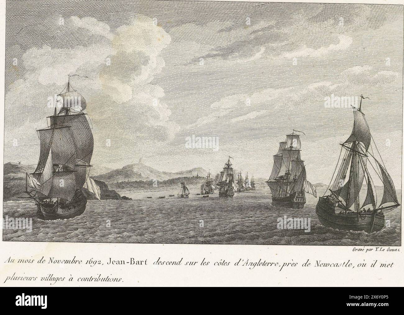 Jan Bart al largo della costa inglese vicino a Newcastle, 1692, Au mois de novembre 1692, Jean-Bart discendeva dal Côtes d'Angleterre, près de Newcastle, ou con i villaggi più antichi à contributi (titolo sull'oggetto), Recueil des Combats de Jean -Bart, chef d'Escadre sous Louis, stampa, tipografo: Yves Marie le Gouaz, (menzionata sull'oggetto), editore: Yves Marie le Gouaz, (menzionata sull'oggetto), Parigi, 1806, carta, incisione, altezza c. 180 mm x larghezza c. 220 mm Foto Stock