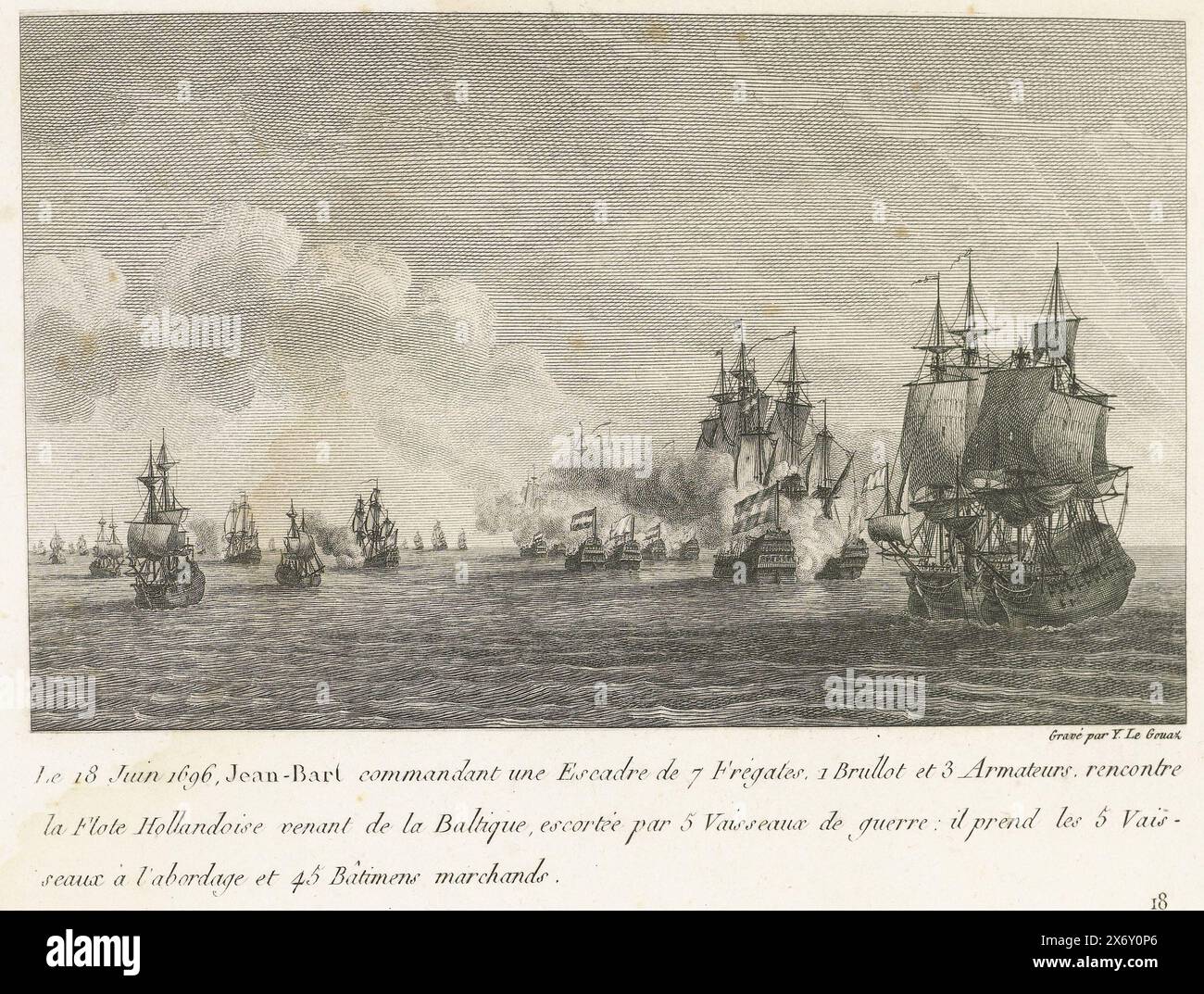 Incontro tra una flotta al comando di Jan Bart e una flotta olandese, 1696, le 18 giugno 1696, Jean-Bart comandante dei 7 Frégates (...) con la Flote Hollandoise delle Baltiche (titolo sull'oggetto), Recueil des Combats de Jean-Bart, chef d'Escadre sous Louis, tipografo: Yves Marie le Gouaz, (menzionata sull'oggetto), editore: Yves Marie le Gouaz, (menzionata sull'oggetto), Parigi, 1806, carta, incisione, altezza c. 180 mm x larghezza c. 220 mm Foto Stock