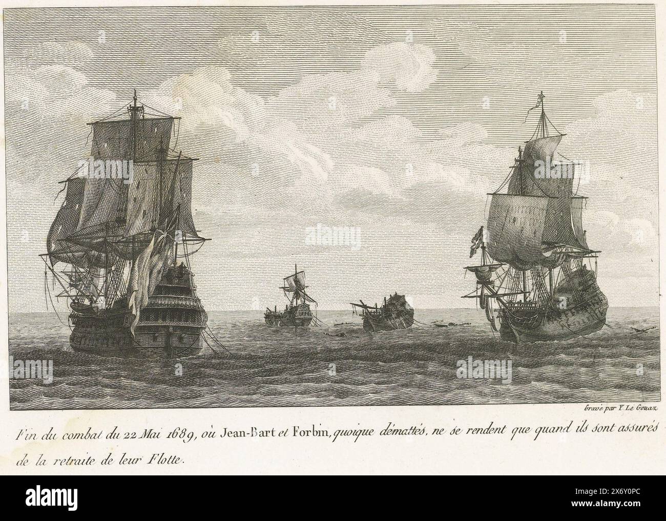 Fine della battaglia di Jan Bart il 22 maggio 1689, Recueil des Combats de Jean-Bart, chef d'Escadre sous Louis il 22 maggio 1689. Parte di una serie sulle azioni del corsaro fiammingo nel servizio francese Jan Bart., stampa, tipografo: Yves Marie le Gouaz, (menzionato sull'oggetto), editore: Yves Marie le Gouaz, (menzionato sull'oggetto), Parigi, 1806, carta, incisione, altezza c. 180 mm x larghezza c. 220 mm Foto Stock