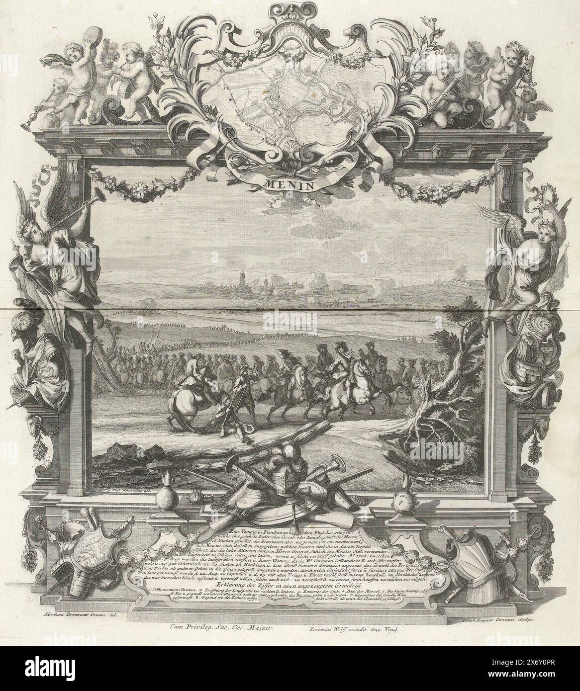 Cattura di Menin, 1706, Menin (titolo oggetto), assedio e cattura di Menin da parte degli Alleati, assediato dal 23 luglio, catturato il 22 agosto 1706. Nella rappresentazione centrale l'assedio, in una cornice ornamentale riccamente decorata con un cartiglio in cima con una mappa dell'assedio. In fondo un cartiglio con la descrizione degli eventi in tedesco. Foglio nella raccolta rilegata di dischi pubblicati con il titolo: Repraesentatio belli ... Der Spanische successions-Krieg [ca. 1720]., stampa, tipografo: Johann August Corvinus, (menzionato sull'oggetto), dopo il disegno di: Abraham Drentwett (i) Foto Stock