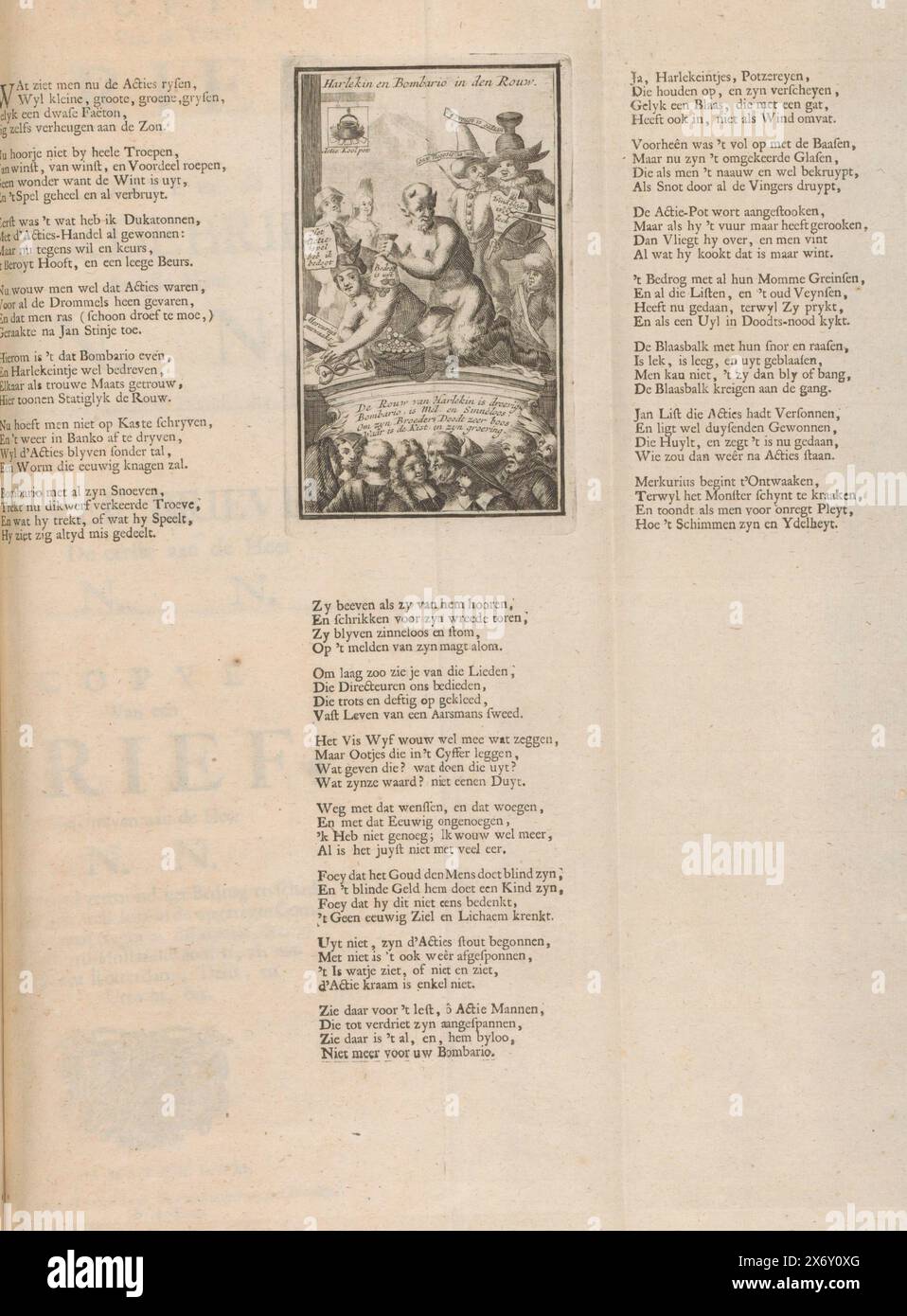 Mercury si risveglia nel 1720, Harlekin e Bombario in den Lurning (titolo sull'oggetto), The Great Scene of Foolishness (titolo della serie), Mercury si risveglia giacendo a terra, un diavolo con una borsa dei soldi si siede sulla schiena. Varie persone nelle vicinanze in primo piano e sullo sfondo. Sulla sinistra, segui le indicazioni per la locanda: Action Koolpot. Nello spettacolo un verso di quattro righe e diverse iscrizioni in olandese. Stampato su un foglio più grande, composto da 3 versi, ciascuno con 7 strofe di 4 righe. Stampa nella prima edizione legata (304 B 11) di Het Groote Tafereel der Dwaasheid con cartoni animati sul Windhandel o Actiehandel di Foto Stock