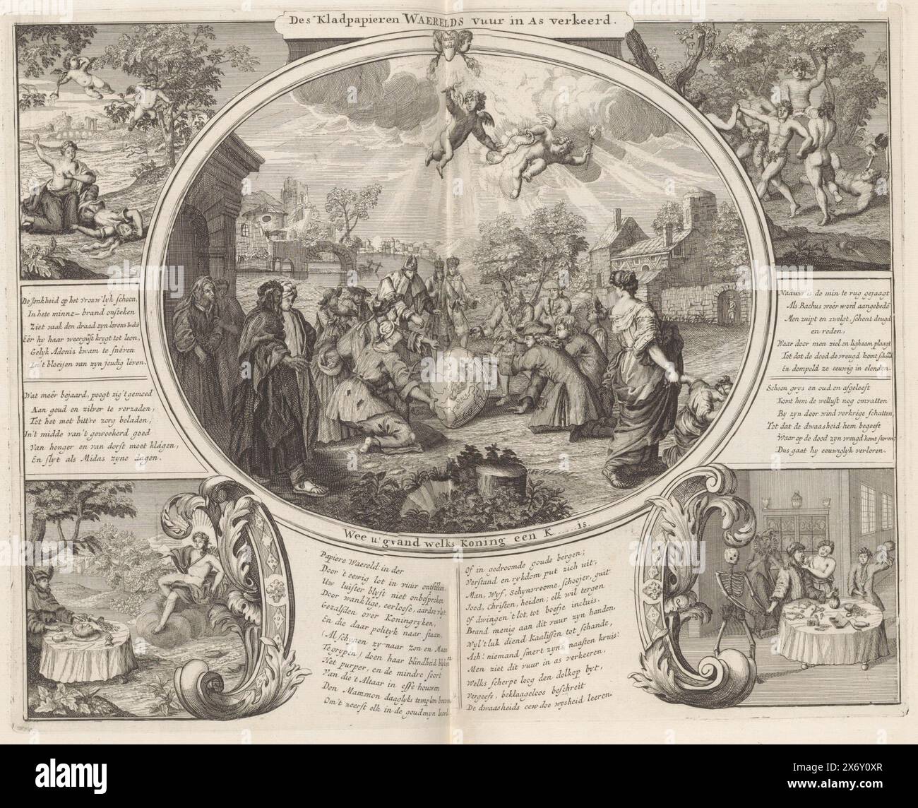 Il mondo dei rottami di carta in fiamme, 1720, Des Kladdoeken Waerelds Vuur è come fout (titolo sull'oggetto), il grande Tafereel della follia (titolo della serie), la rappresentazione centrale con i principi secolari e spirituali e tutti i tipi di altre persone, dai poveri ai ricchi, sono riunite in un globo che prende fuoco. Nei quattro angoli illustrazioni della furia dei piaceri mondani. Con più versi. Stampa nella prima edizione rilegata (304 B 11) di Het Groote Tafereel der Dwaasheid con cartoni animati sul Windhandel o Actiehandel del 1720., stampa, stampatore: Anonimo, Paesi Bassi del Nord, 1720, carta Foto Stock