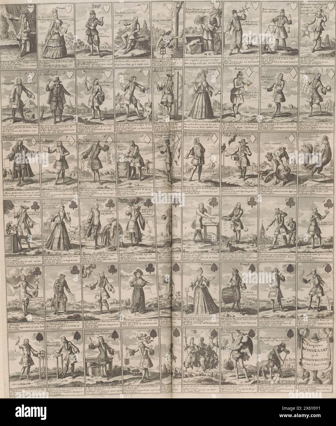 Pasquin's Wind Map on the Wind Negotiation of 1720, Pasquin's Wind Map on the Wind Negotiation of 't Iaar 1720 (titolo sull'oggetto), Het Groote Tafereel der Dwaasheid (titolo della serie), Pasquin's Wind Map on the Wind Negotiation of 1720. Inizia con un mazzo completo di 52 carte da gioco, ciascuna con una scena e un verso relativi al commercio del vento. Stampa nella prima edizione rilegata (304 B 11) di Het Groote Tafereel der Dwaasheid con cartoni animati sul Windhandel o Actiehandel del 1720., stampa, stampatore: Anonimo, Paesi Bassi del Nord, 1720, carta, incisione, altezza, 515 mm x larghezza c. 445 mm Foto Stock