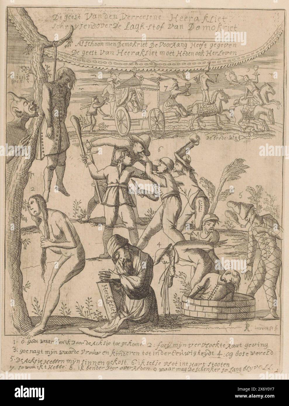 Conseguenze disastrose del commercio promozionale, 1720, lo spirito del risorto Heerakliet scrivendo sul materiale Lagh di Demokriet (titolo sull'oggetto), la grande scena della follia (pezzi extra) (titolo della serie), le conseguenze disastrose del commercio promozionale. Diversi uomini si suicidano dopo aver perso tutto nel commercio d'azione, altri sono impazziti o hanno commesso rapine. In primo piano il pianto di Eraclito, sullo sfondo la carrozza dei ricchi che si muove lungo l'ampia strada. Nella didascalia, la spiegazione dei numeri da 1 a 9. Stampa ritagliata e incollata. Appartiene al gruppo Foto Stock