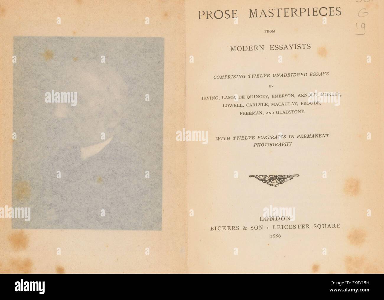 Capolavori di prosa di saggisti moderni (titolo sull'oggetto), libro, diversi vervaardigers, editore: Bickers & Son, (menzionato sull'oggetto), Londra, 1886, carta, stampa, altezza, 216 mm x larghezza, 149 mm x spessore, 33 mm Foto Stock