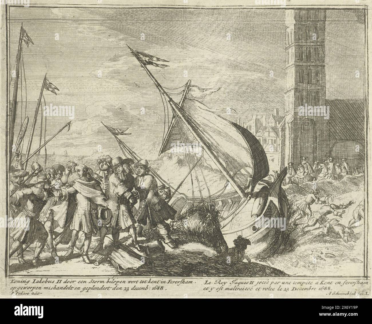 Il re in fuga Giacomo II viene arrestato a Faversham, 1689, re Giacomo II viene investito da una tempesta a Feversham, gettato, abusato e saccheggiato il 23 dicembre: 1688 (titolo sull'oggetto), teatro inglese, raffigurante la rapidità di Giacomo II, re della grande Bretagna ecc. con il suo arrivo a Yrlant e altri eventi, i Part (titolo della serie sull'oggetto), il re inglese in fuga Giacomo II viene riconosciuto, abusato e arrestato dai marinai a Faversham, 20 dicembre 1688. Piatto L nella serie 'English Theatre' sulla Gloriosa Rivoluzione e gli eventi degli anni precedenti 1685-1689 (prima parte). Con didascalie Foto Stock