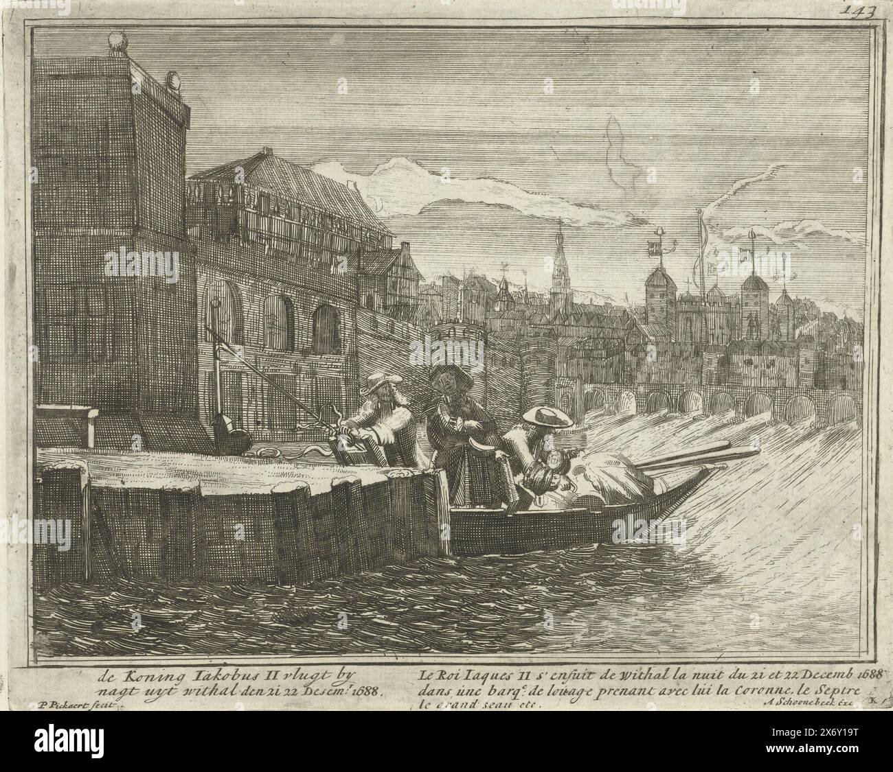 Volo di re Giacomo II, 1688, re Giacomo II fugge di notte con il 21 22 Desem.r 1688 (titolo sull'oggetto), palco inglese, raffigurante il volo di Giacomo II, re della grande Bretagna, ecc. con il suo arrivo a Yrlant e ulteriori incidenti, i parte (titolo della serie sull'oggetto), la fuga di re Giacomo II di notte dal palazzo di Whitehall Londra, 20 dicembre 1688. Gli effetti personali vengono caricati su una barca a remi. Numerato in alto a destra: 143. Piatto K nella serie 'English Theatre' sulla Gloriosa Rivoluzione e gli eventi degli anni precedenti 1685-1689 (prima parte). Con didascalie in olandese e francese Foto Stock