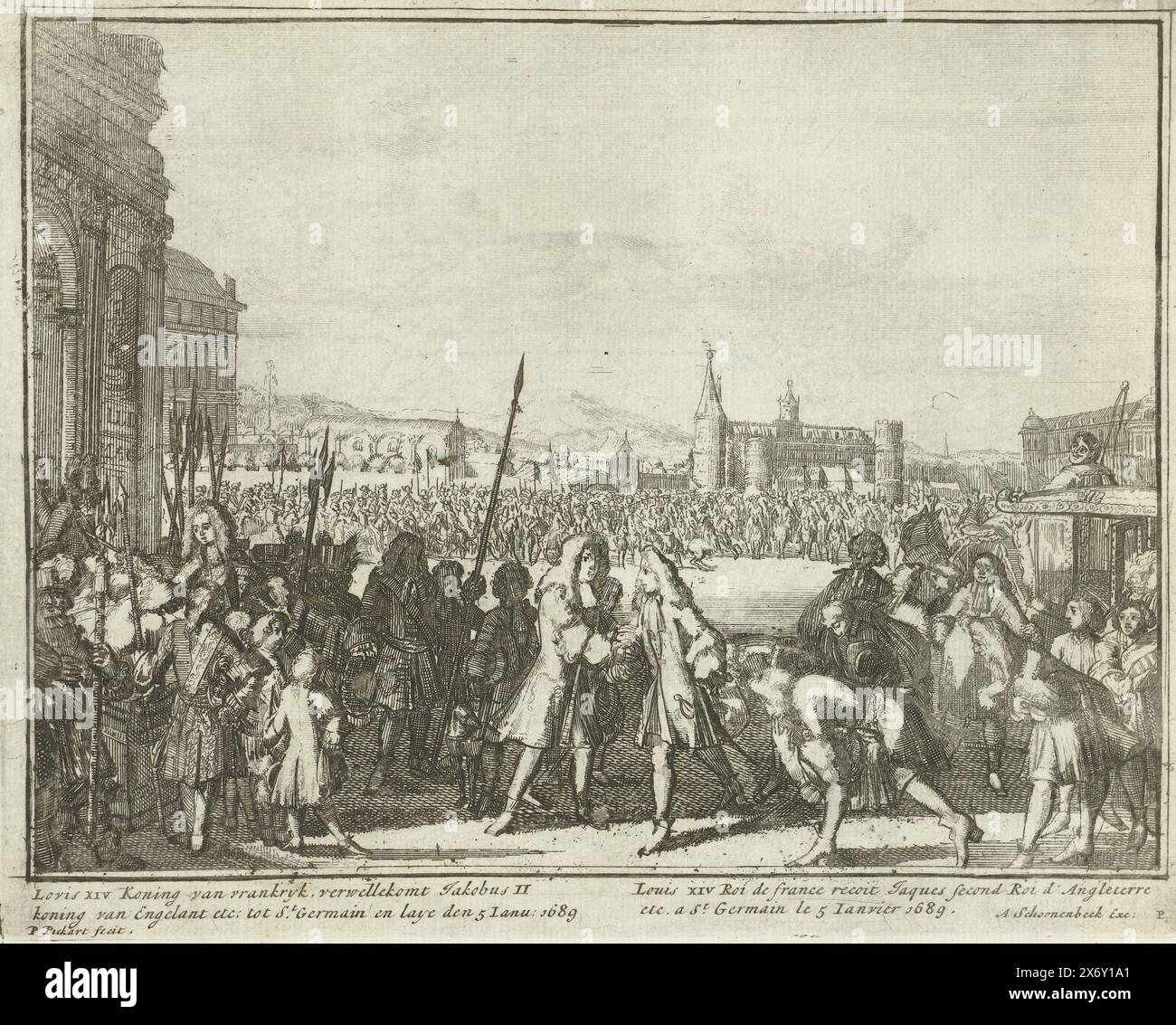 Re Giacomo II accolto da Luigi XIV, 1689, Luigi, re della grande Bretagna ecc. con il suo arrivo a Yrlant e altri eventi, i parte (titolo della serie sull'oggetto), il fuggito re inglese Giacomo II è accolto da re Luigi XIV nel castello Château de Saint-Germain-en-Laye, 5 gennaio 1689. Piatto P nella serie 'English Theatre' sulla Gloriosa Rivoluzione e gli eventi degli anni precedenti 1685-1689 (prima parte). Con didascalie in olandese e francese. Stampa, stampatore: Pieter Pickaert, (menzionato sull'oggetto), editore: Adriaen Schoonebeek, (menzionato sull'oggetto), Amsterdam, 1689, carta, incisione Foto Stock