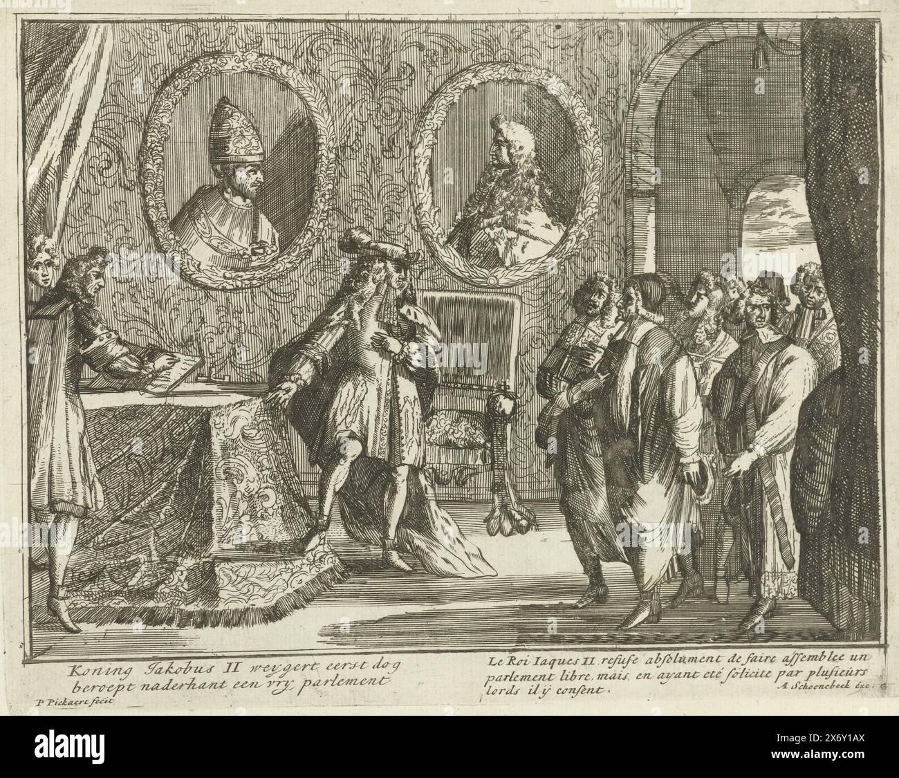 Giacomo II invoca un parlamento libero, 1688, re Giacomo II prima rifiuta, ma in seguito invoca un parlamento libero (titolo sull'oggetto), palcoscenico inglese, raffigurante la rapidità di Giacomo II, re della grande Bretagna, ecc. con il suo arrivo a Yrlant e ulteriori eventi, i parte (titolo della serie sull'oggetto), re Giacomo II viene persuaso dai membri del parlamento a convocare un parlamento libero dopo un iniziale rifiuto. A sinistra il re in piedi a un tavolo, grandi ritratti del Papa e di Luigi XIV (?) sul muro. Piatto G nella serie "English Theatre" sulla Gloriosa Rivoluzione e gli eventi degli anni precedenti Foto Stock